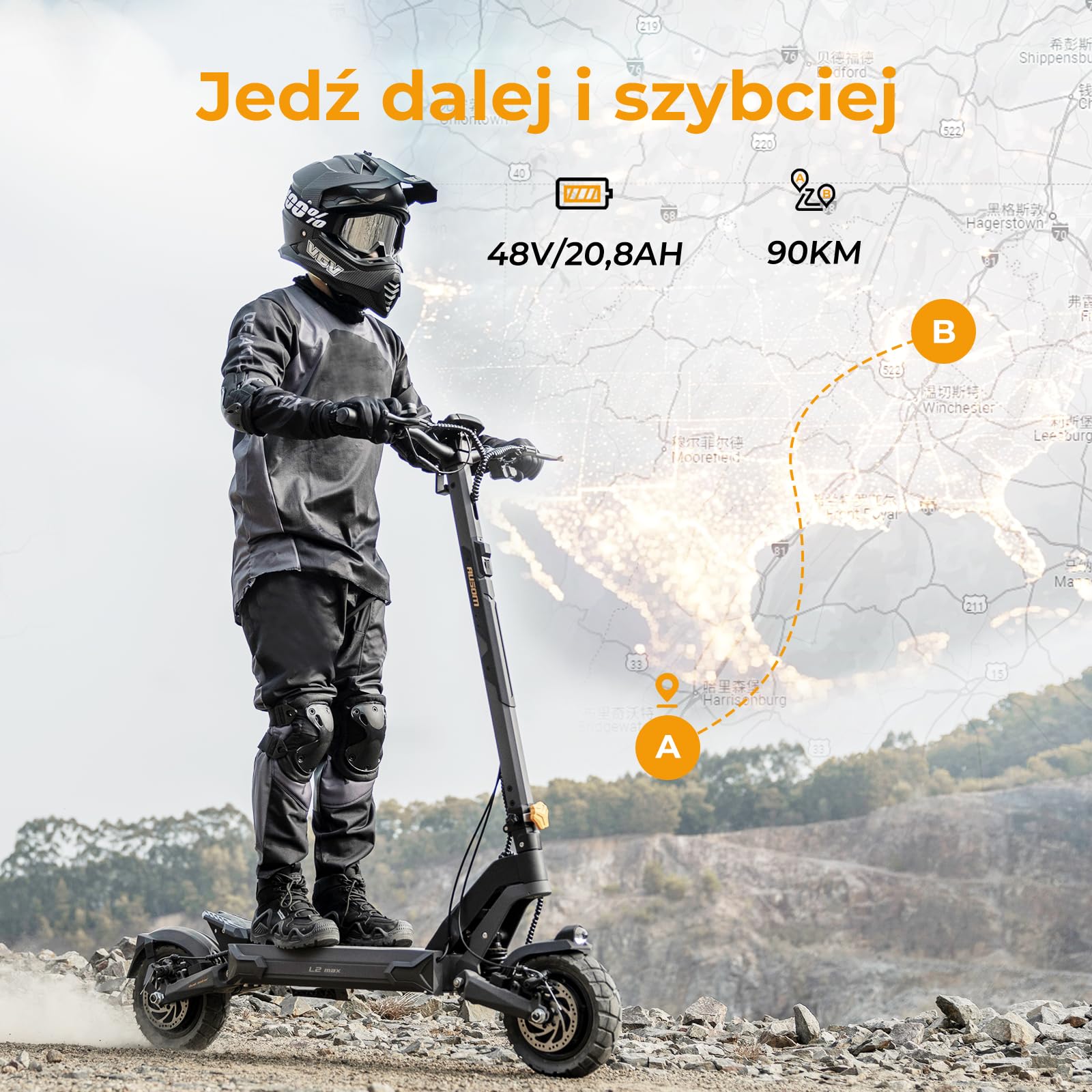 Dorosły skuter elektryczny z dwoma silnikami, Ausom L2 Max, zasięg 80-90 km, koła terenowe 10x3,0", składany skuter elektryczny