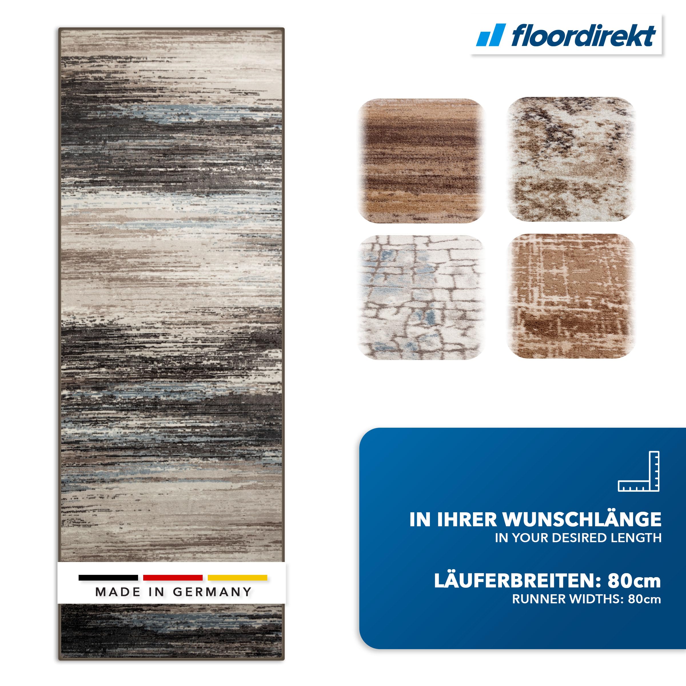 Floordirekt Tapis de couloir, de cuisine, de couloir et de salon - Antidérapant et moderne pour le salon et la chambre à coucher - Vendu au mètre - 80 x 700 cm - Motif marron, beige, gris, Archway