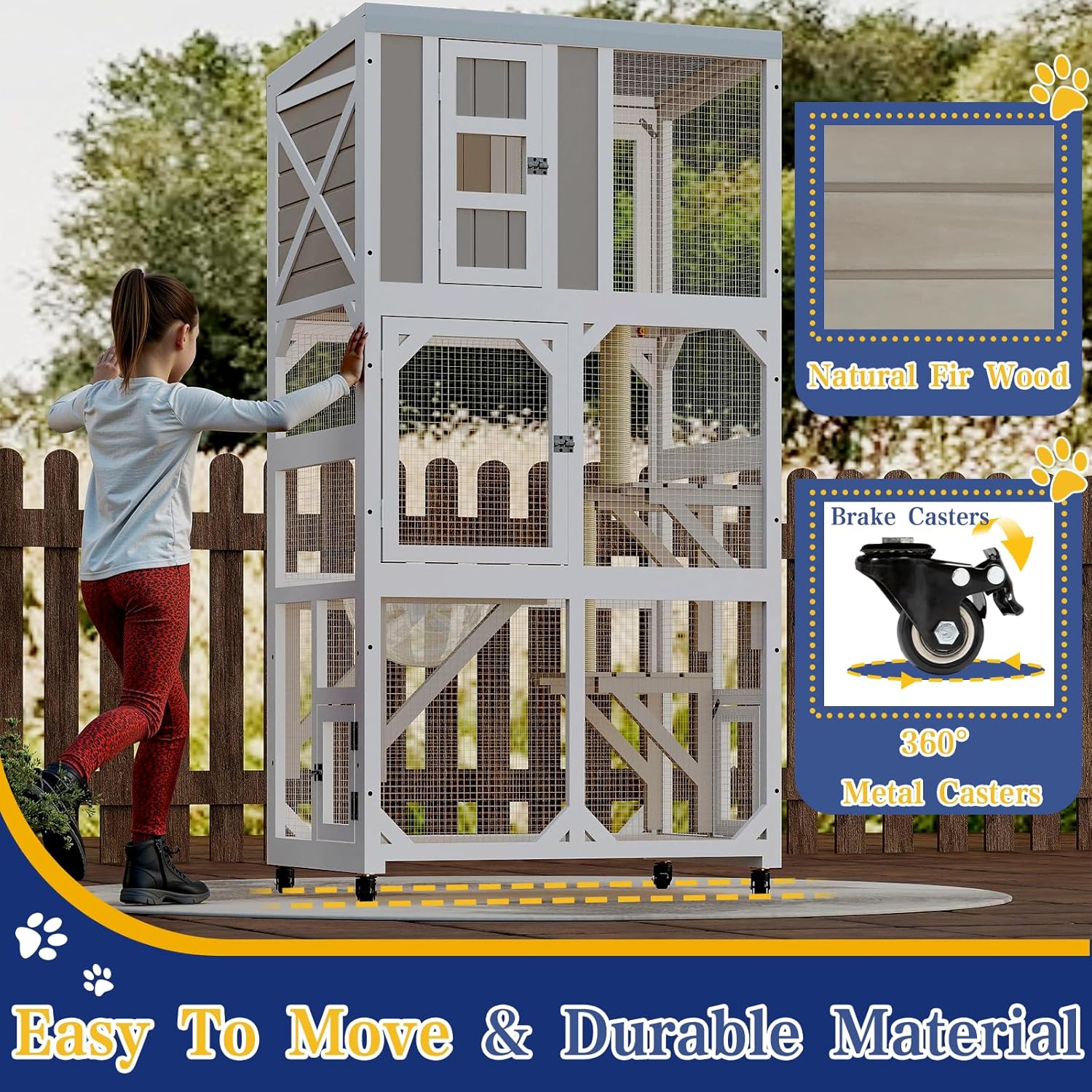 PetsCosset 63.5"H Catio Outdoor Cat Enclosure for Multiple Cats Wooden Outside Cat House with Wheels, Window,Tunnel and Cat's Door Access,Removable Waterproof Roof,Hammock,Scratching Posts,Expandable