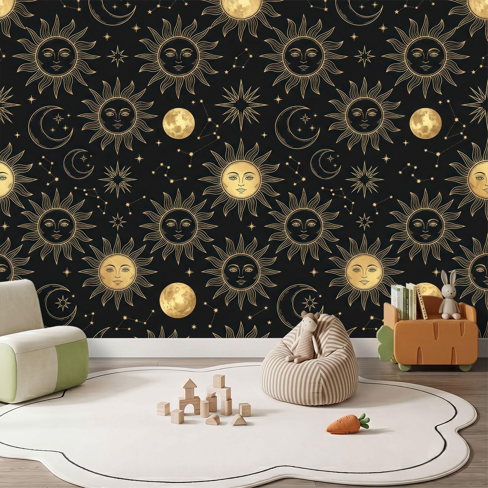 Natur Fantasie Wald Panorama Fototapete 400 x 280 cm, Sonne Mond Menschliches Gesicht Sternenmuster Sterne Vlies Tapete Wandtapete, Schwarz-Gold Wandbilder Tapete für Wohnzimmer Schlafzimmer Apartment