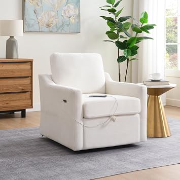 GDFStudio 30" Swivel Accent Chair with Storage, Chenille Upholstered Armchair with USB Charging Port, Modern Lounge Chair with Hidden Storage, Living Room Bedroom Reading Chair, White