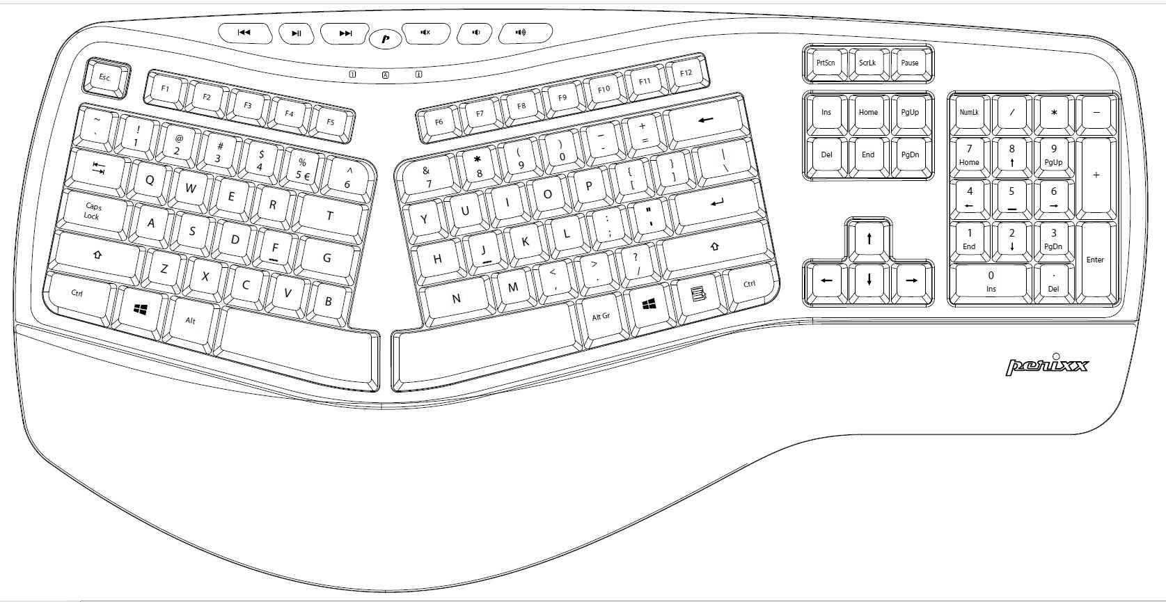 Perixx PERIBOARD-312 Tastiera Ergonomica Retroilluminata - USB con Filo - Con 2 Hubs - Natural Ergonomic Split Design - LED Bianco - Nero - US English Layout