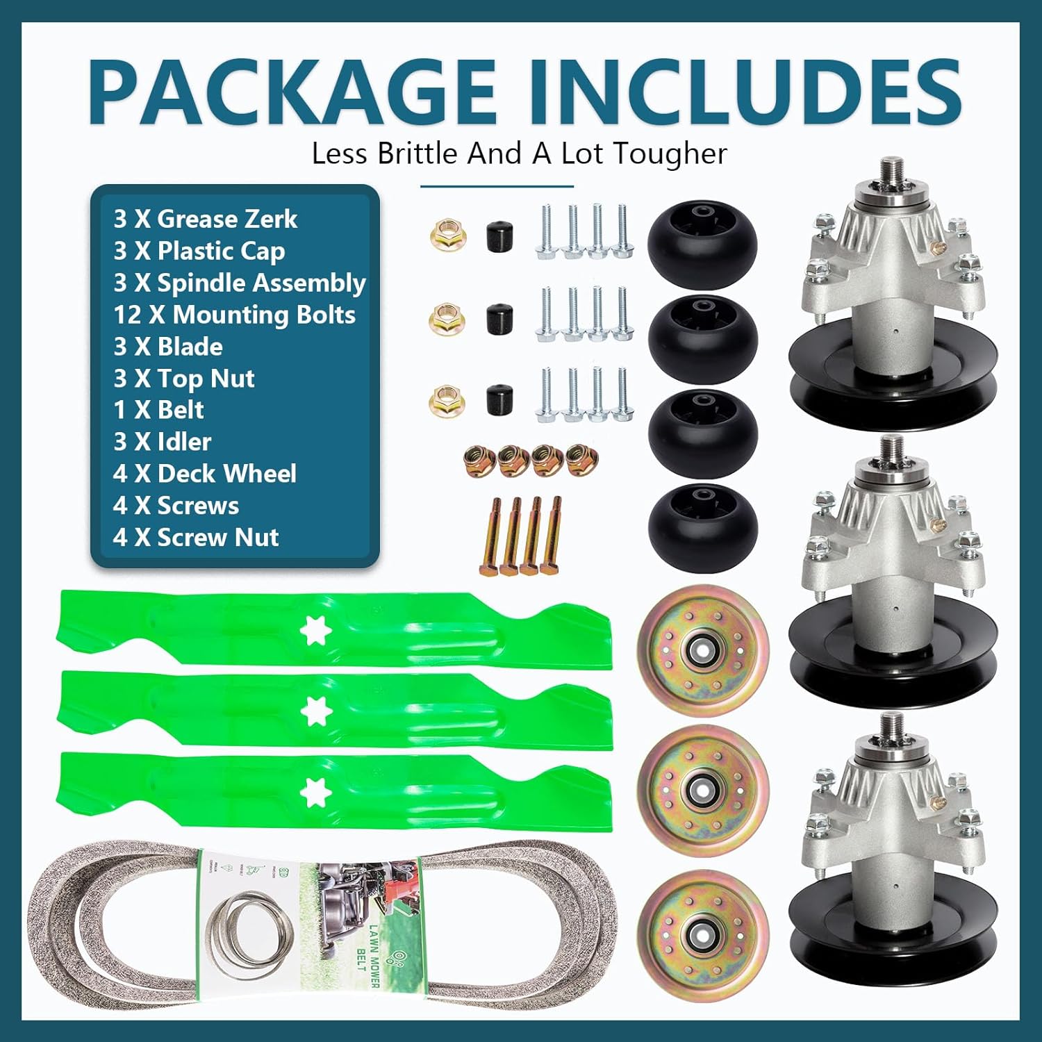 50" Deck Rebuild Kit Fits Cub Ca det RZT50 LT1050 ZT-50 MTD T Roy-Bilt 3 Spindle (618-04126 618-04126A) 3 Blade (742-04053) 3 Idler (756-04129) 1 Belt (754-04044), 4 Deck Wh EEL (753-04856)