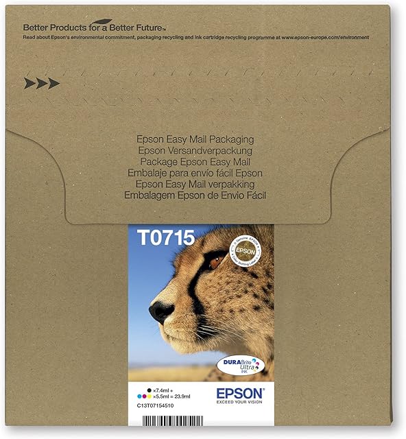 Epson T0715 Cheetah Genuine Multipack, Eco-Friendly Packaging, 4-colours Ink Cartridges, DURABrite Ultra Ink