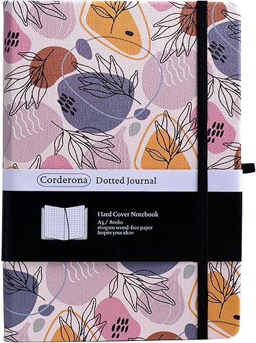 Diario de cuadrícula punteada de estilo bohemio contemporáneo de 5.64 ozm, papel grueso de primera calidad, banda elástica y soporte para bolígrafo,