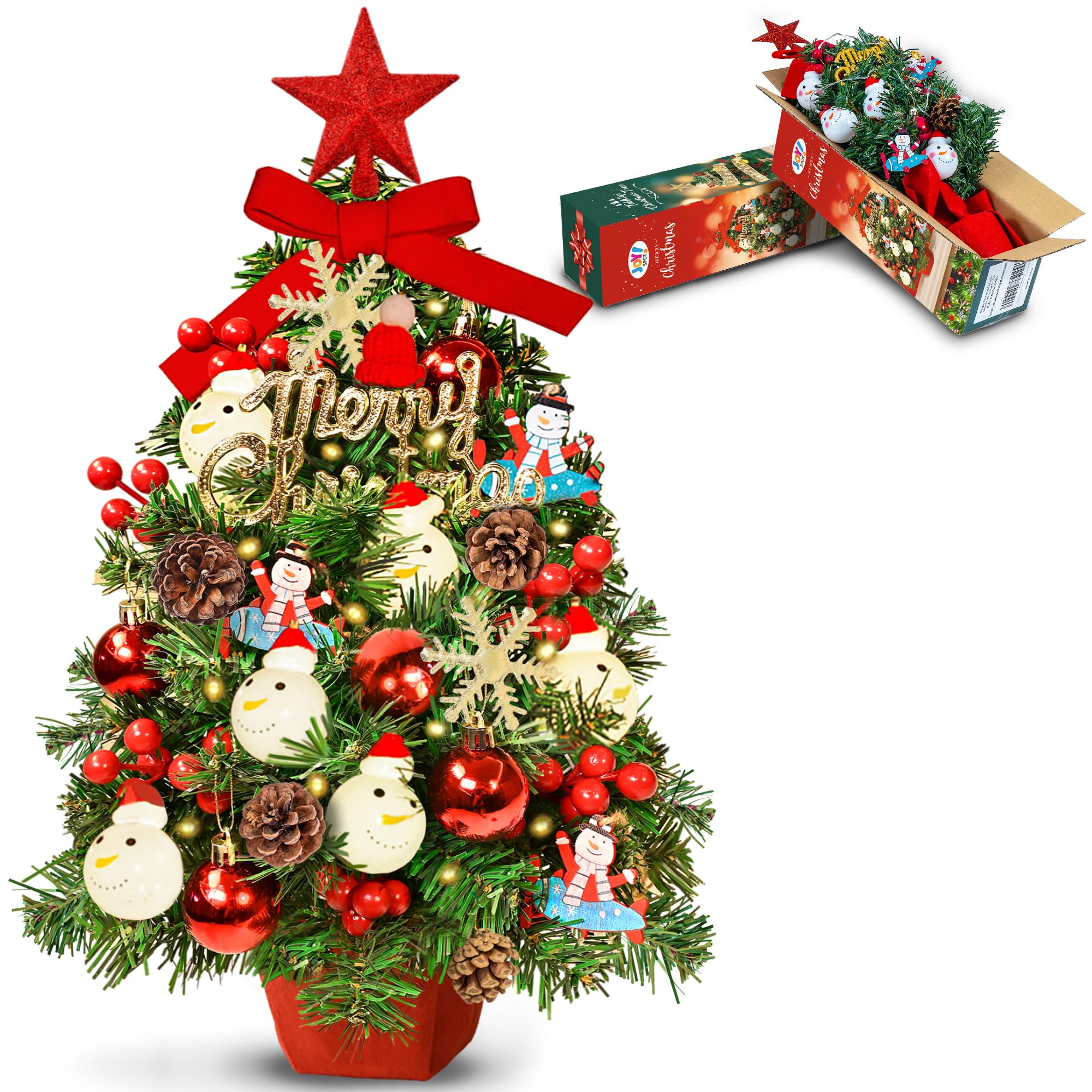 2FT Tabletop Mini Christmas Tree, 24 Inch Small Artificial Christmas Tree with Warm LED Lights, Star Treetop, DIY Ornaments, New Xmas Pine Tree Decoration for Kid Friend Family Holiday Home Office