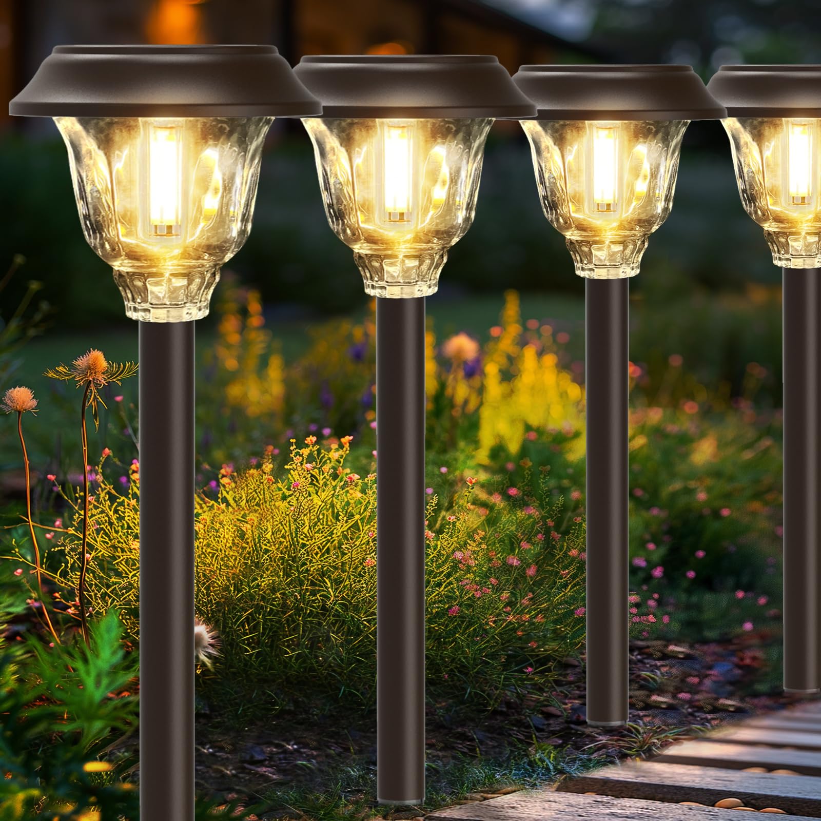 Solarleuchten für den Außenbereich, wasserdicht, Glas Metall Solar Pathway Lights, 6 Pack Outdoor Solarleuchten für Garten Hof Auffahrt, Braun