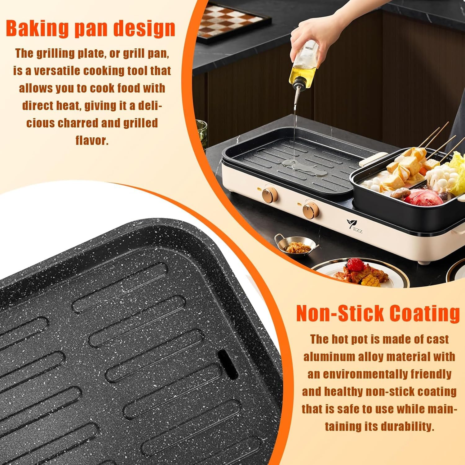 2 in 1 Electric Hot Pot Grill, Dual Temperature, Indoor Non-Stick Griddle for Korean BBQ, Shabu Shabu and Noodles (Electric Hotpot Grill)