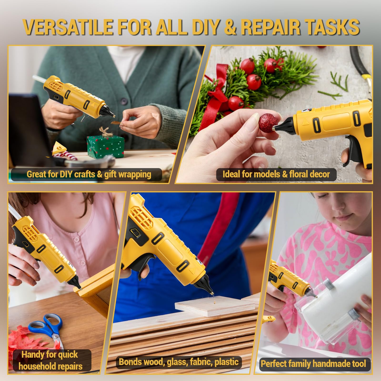 Pistola de pegamento caliente a batería compatible con Dewalt 18V/20V, pistola de pegamento caliente con 20 barras de pegamento de 11 mm, ideal para reparaciones, manualidades, bricolaje (amarillo