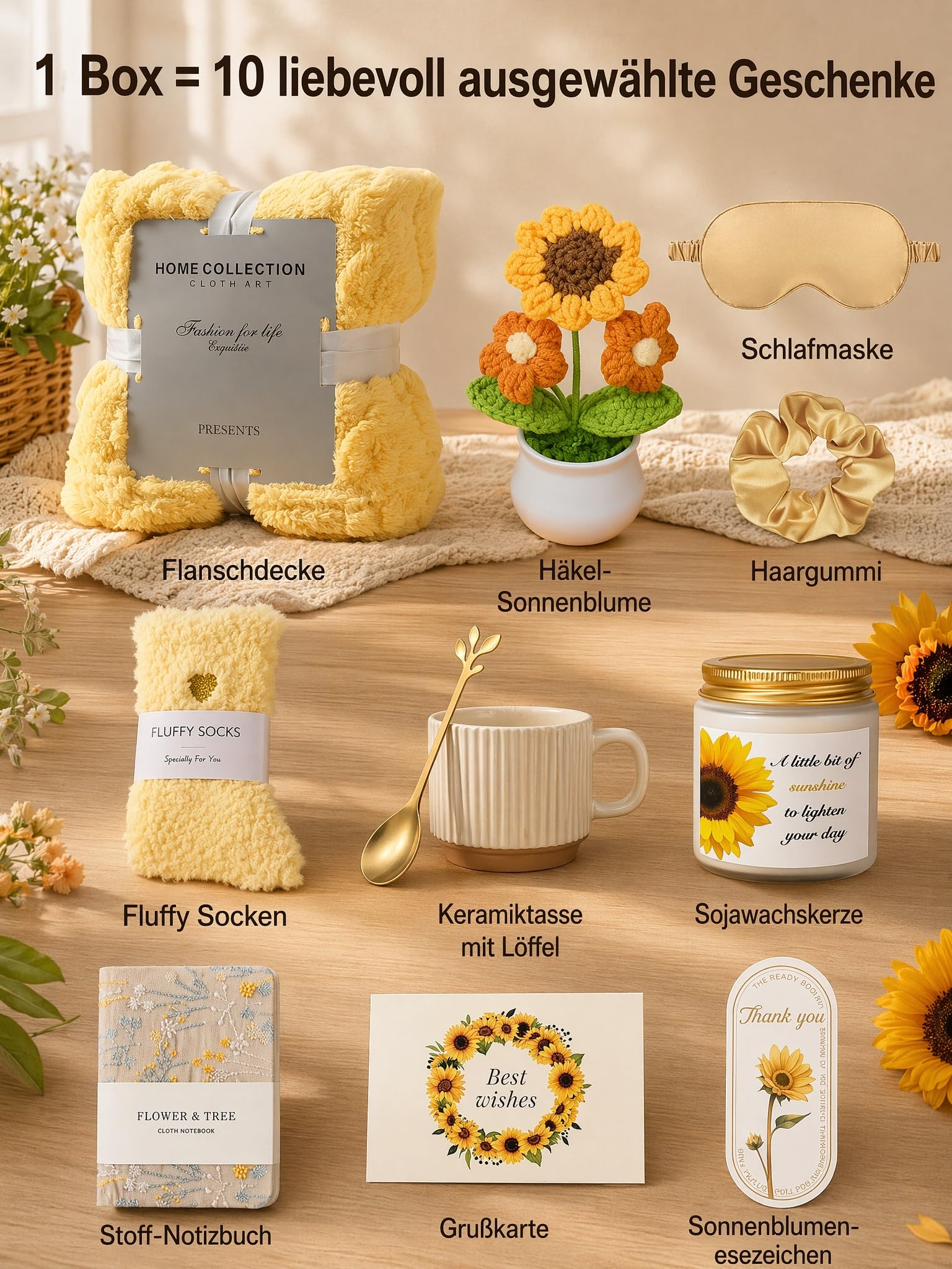 10-Teiliges Sonnenblumen Geschenkset für Frauen | 100x150cm Fleece-Decke, Sichere Keramiktasse, Gegen Zerbrechliche Kerzen, Geburtstagsgeschenk