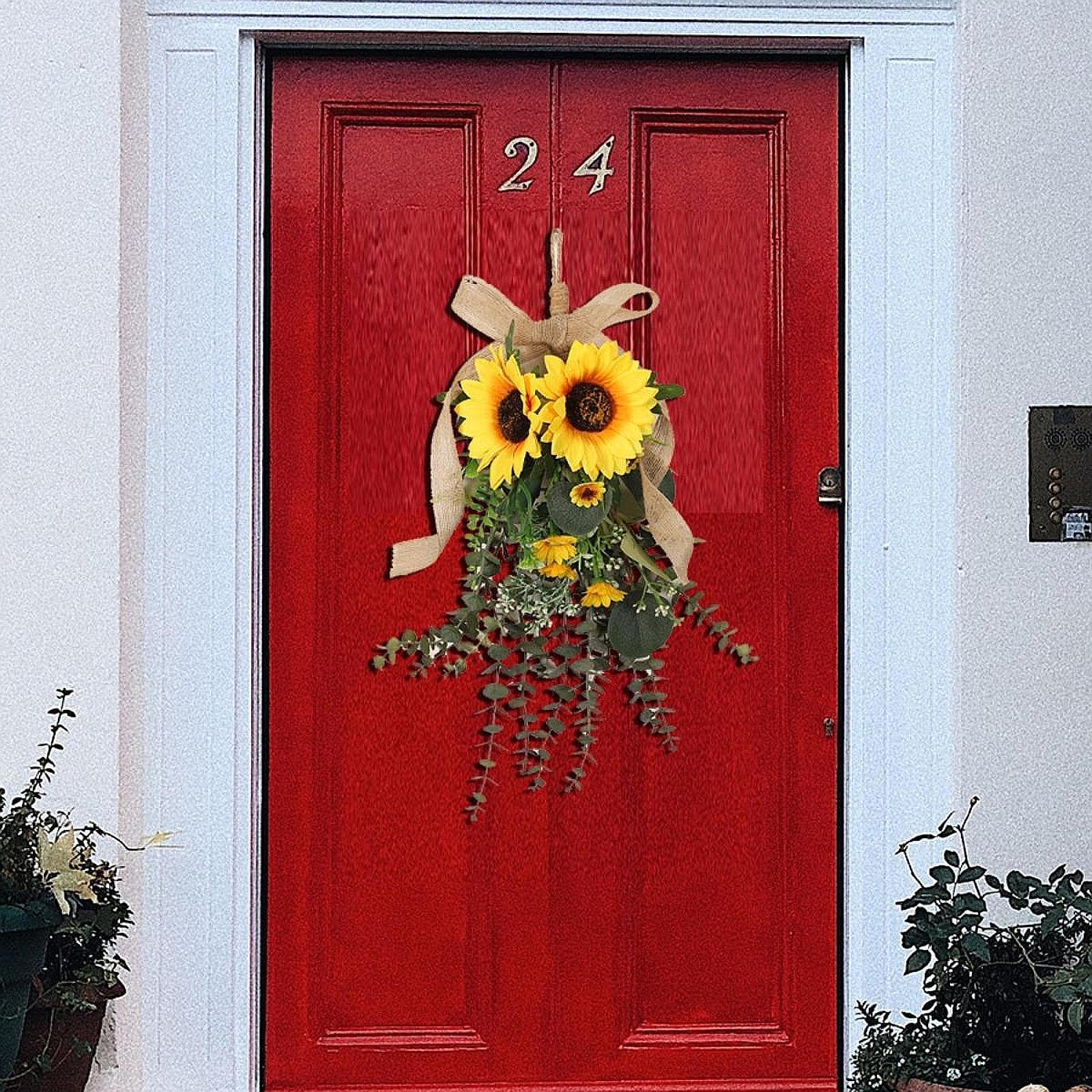 predolo Ghirlanda di Girasoli Artificiali per Porta d'Ingresso, Ghirlanda di Fiori Realistica Primaverile e Estiva per Porta Ingresso, Decorazioni Pasquali da Appendere, per Finestra di Casa,Davanzali