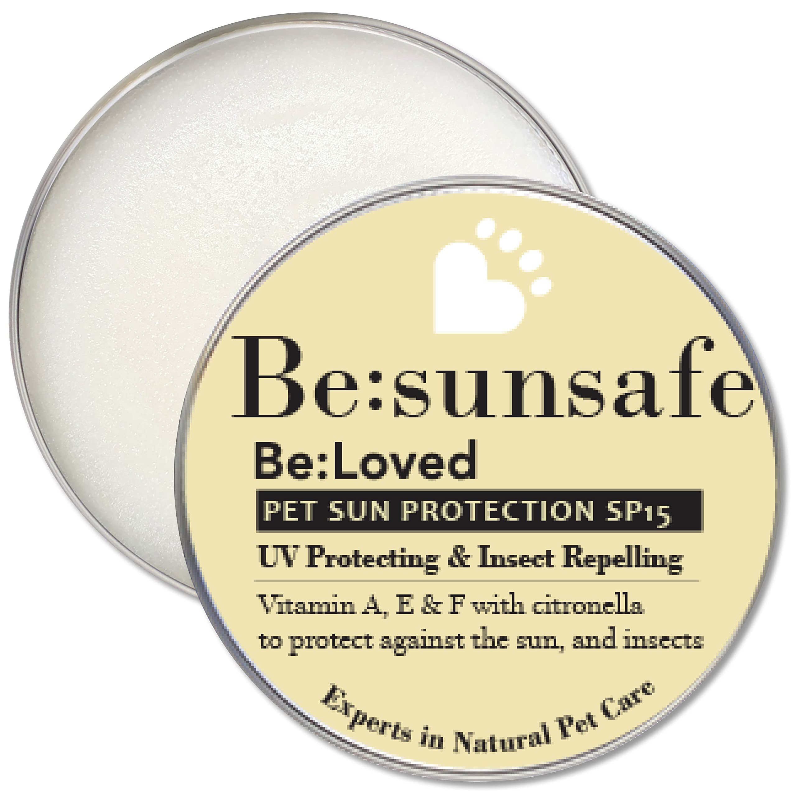 Be:Loved - Be:Sunsafe Pet Sun Protection Balm - Handmade in the UK - Natural Skin Shield for Dogs & Cats - Blend with Shea Butter, Raspberry Oil & Carrot Seed - Dog Stuff - 60g