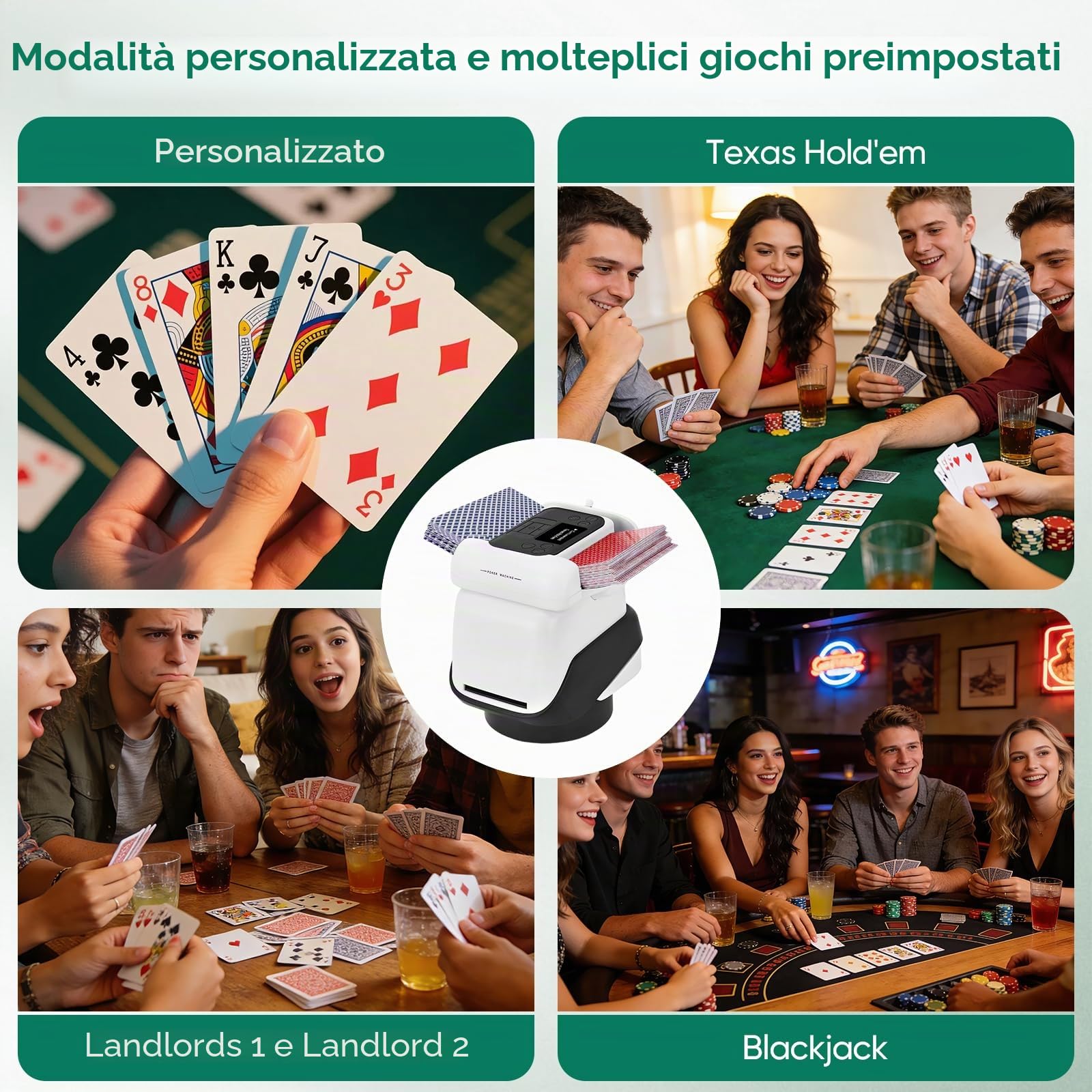 Mescolatore di Carte con distributore, Rotazione a 360° per 1–4 mazzi, mescolatore e distributore Automatico di Carte per 2–8 Giocatori, con 4 telecomandi, Ricaricabile, Silenzioso per Poker, Uno