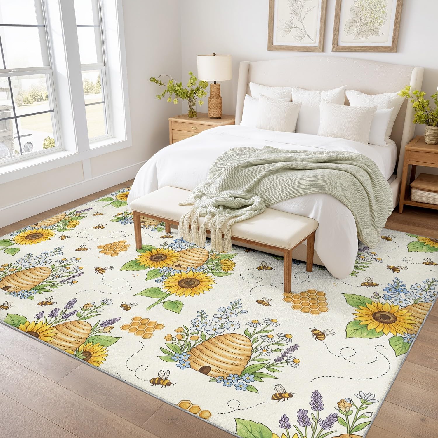 Generisch Waschbarer Wohnzimmerteppich, Landhaus Biene Niedriger Flor rutschfest Teppich, Landhaus Biene Sonnenblume Teppiche für Wohnzimmer Schlafzimmer Kinderzimer 80 x 120 cm Beige