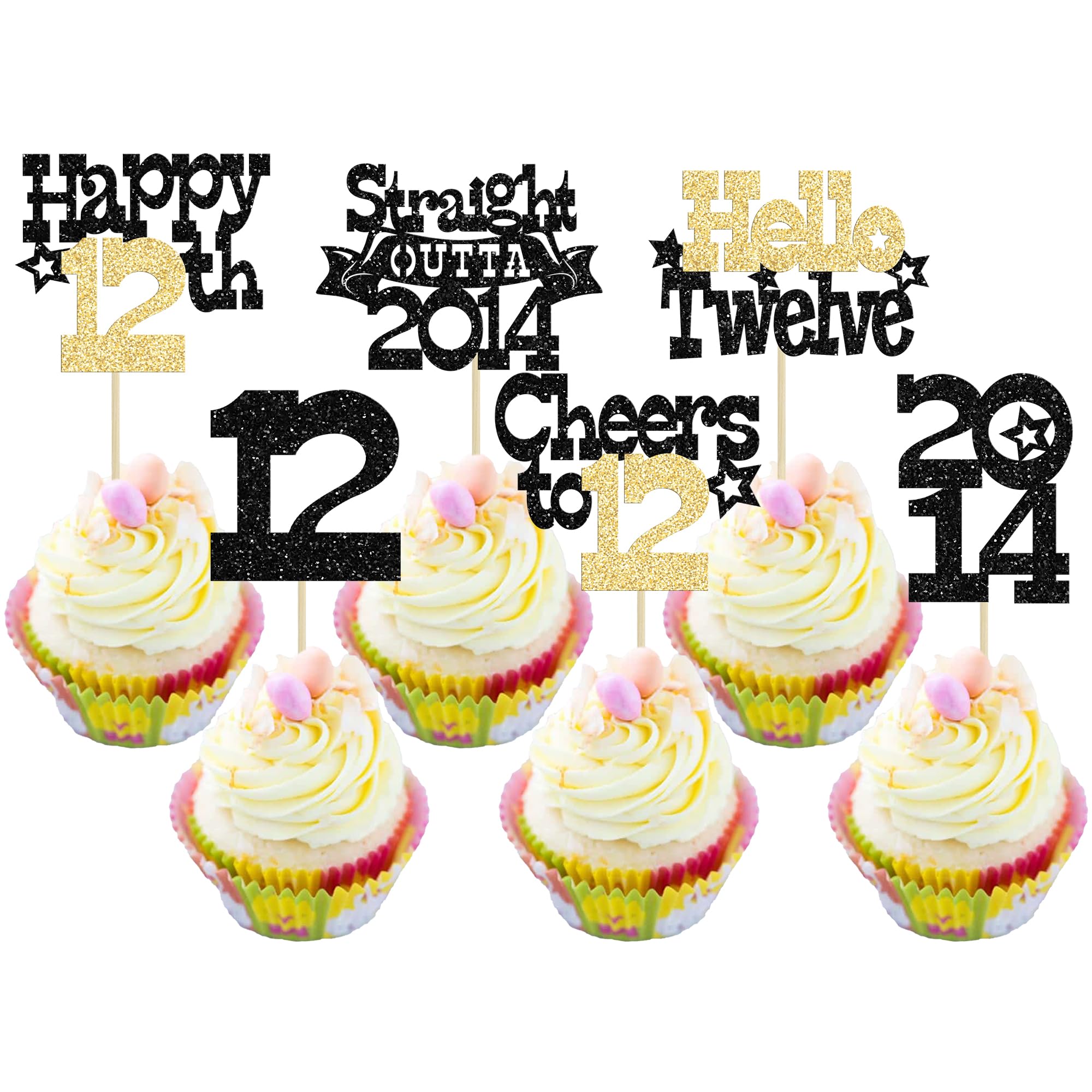 Ephlyn 30Pcs Straight Outta 2014 Cupcake Toppers Glitter Twelve Happy 12th Birthday Cupcake Picks Cheers to 12 Years Cake Decorations for 12th Birthday Party Supplies Black Gold