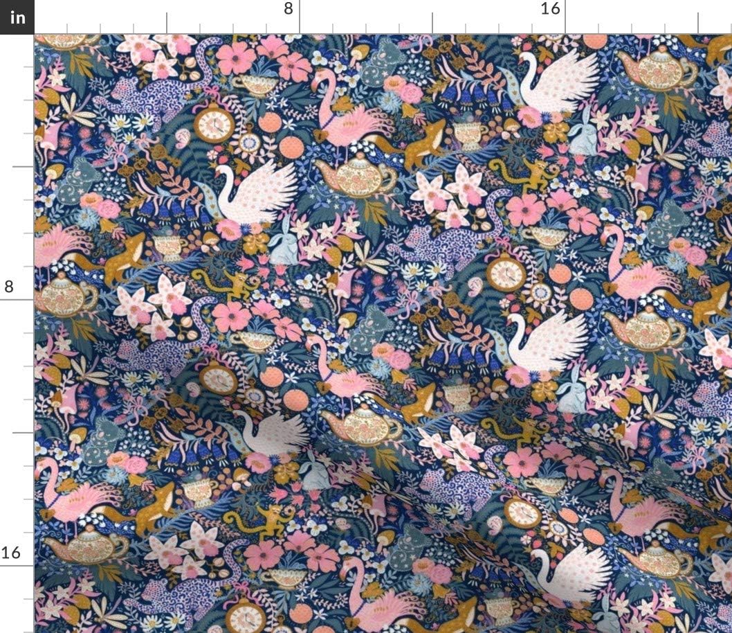 Spoonflower Fabric - Maximalist Tea Party Whimsical Chintz Pink Purple Mustard Swans and Printed on Petal Signature Cotton Fabric by The Yard - Sewing Quilting Apparel Crafts Decor