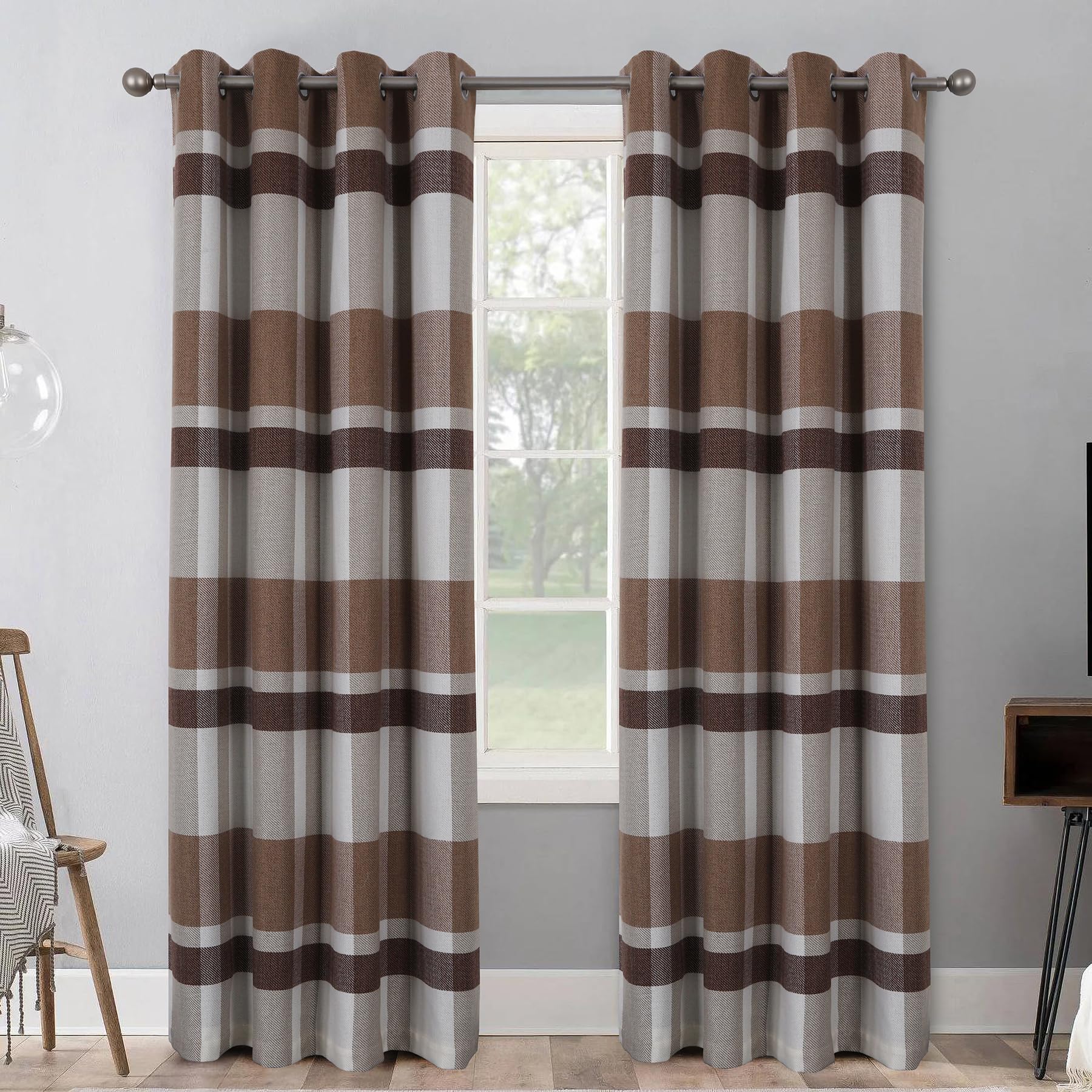 always4u 100% Blackout Curtains Check Eyelet Bedroom Tartan Curtain Plaid Woven Brushed Cheque Pair of Highland Woolen Look Window Treatment for Living Room Brown 46 * 90 Inches