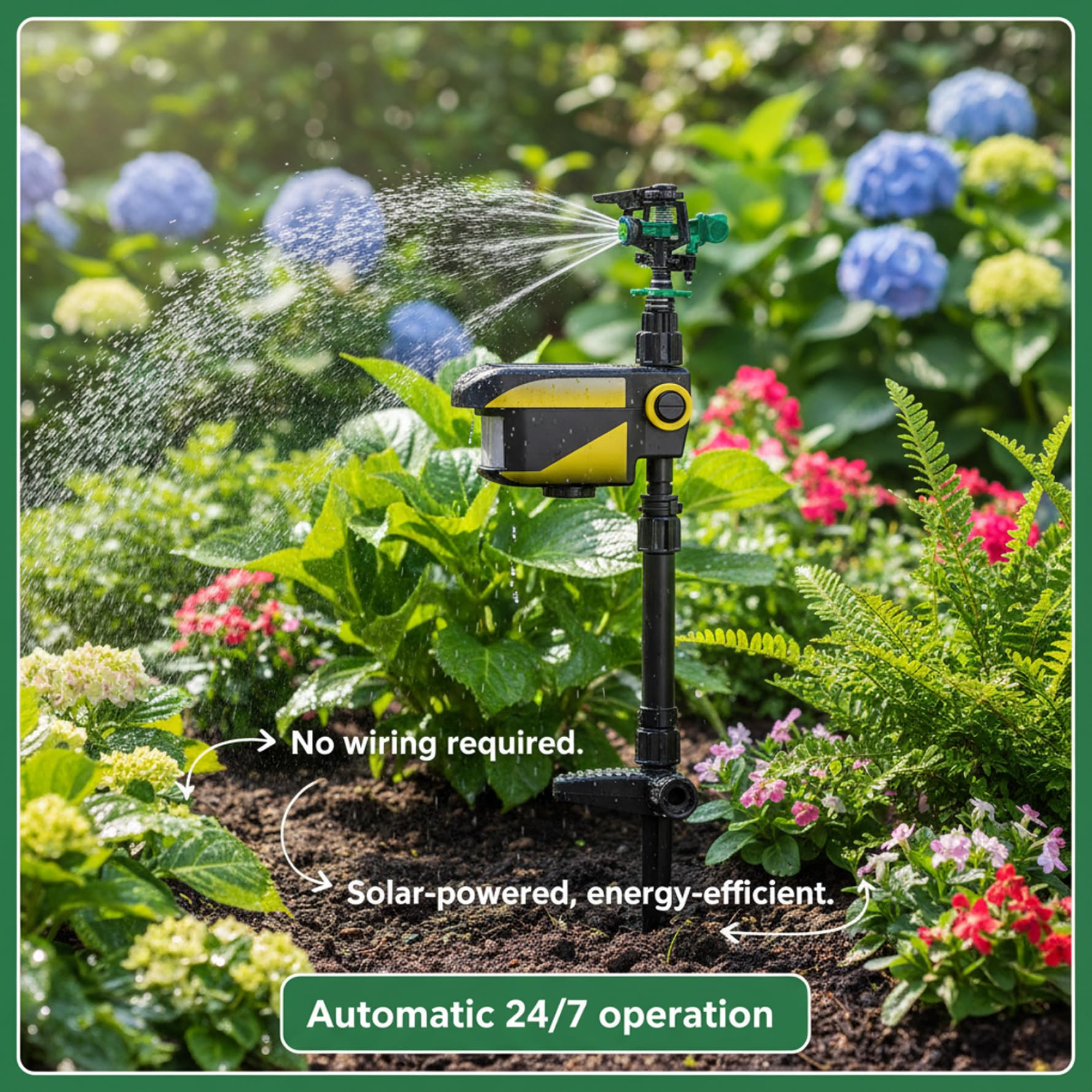 Aspersor Solar Activado por Movimiento, Alcance de pulverización de 10 m, Herramienta de riego de jardín y disuasión de Animales, fácil instalación de estaca en el Suelo