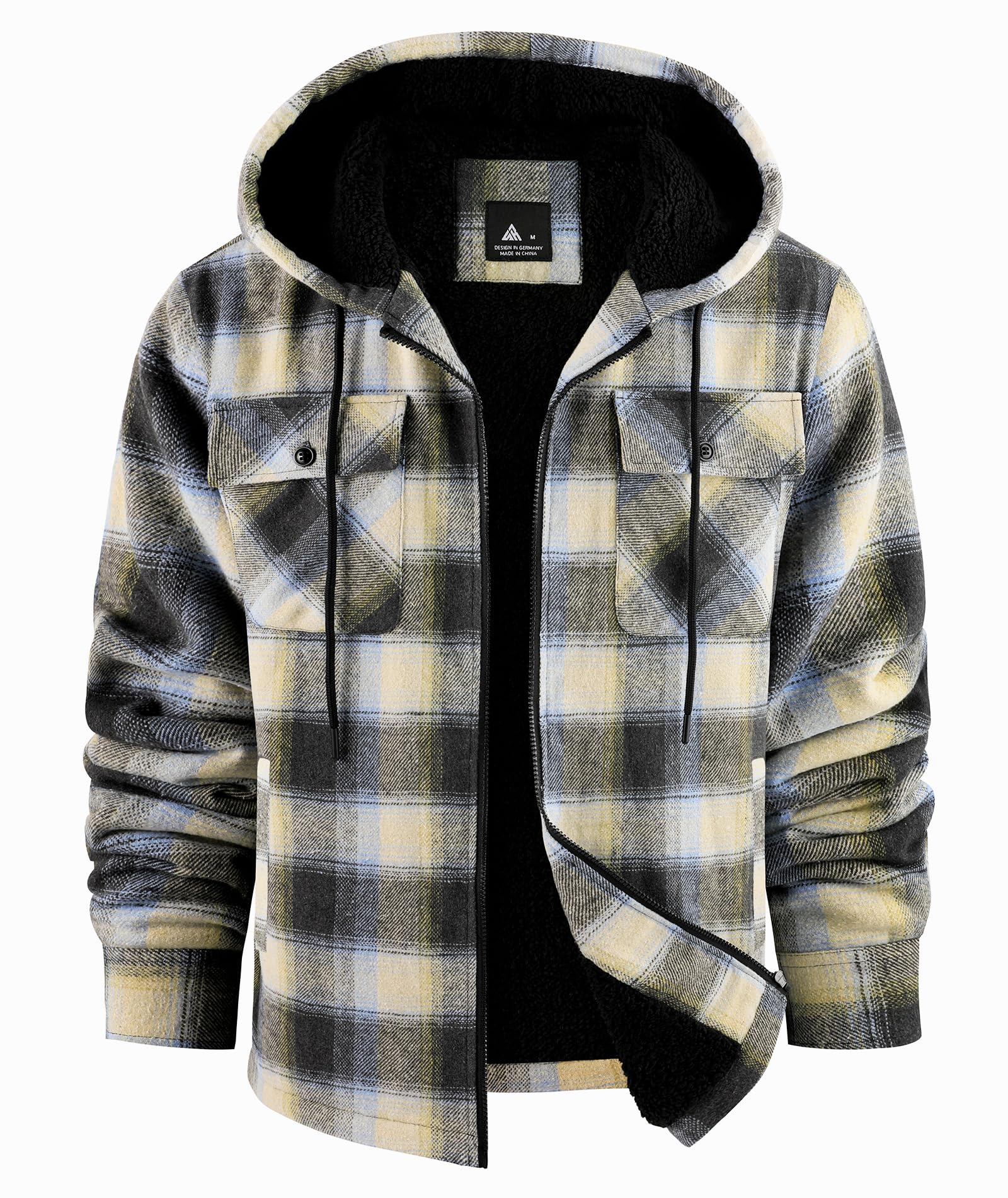 JACKETOWN Herren Fleecejacke Flanell Hemdjacke mit Kapuze Übergangsjacke Warm Gefüttert Kariertes Holzfällerhemd Winterjacke mit Taschen Casual Outdoor Mantel für Herbst Winte