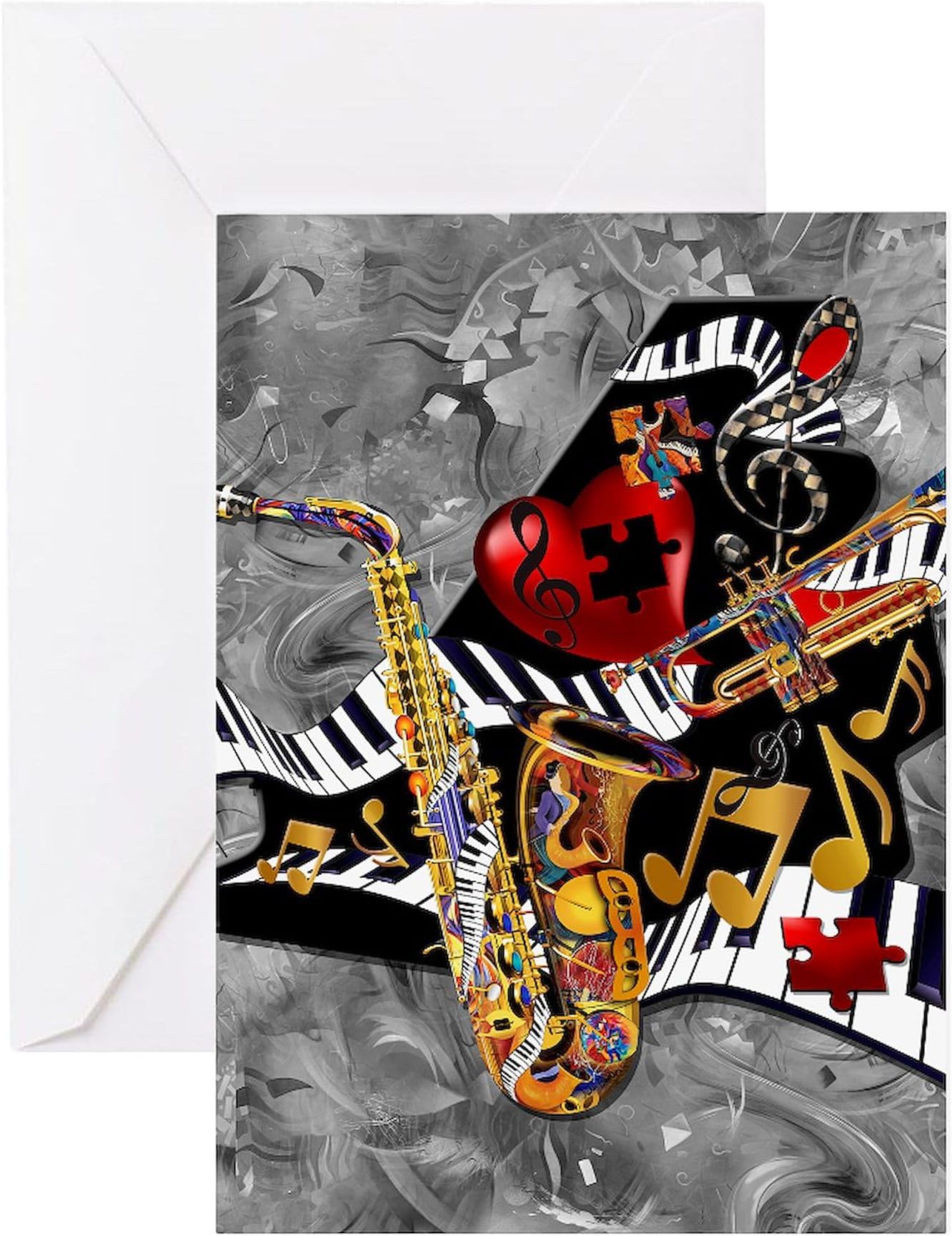 CafePress Juleez Piano Saxophone Trumpet Musi Greeting Cards Folded Greeting Card Glossy