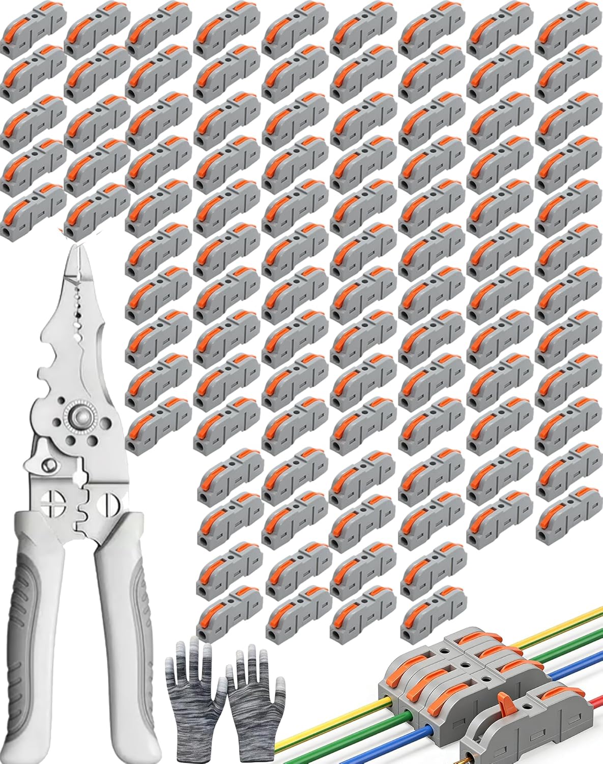 Universal Quick Lever Electrical Wire Connectors (24-12 AWG) Assortment (50/100Pcs) + Wire Stripper, Wire Splice Connectors Push-in, Compact Splicing Kit for Inline Terminals 1 in 1 Out (100pcs)