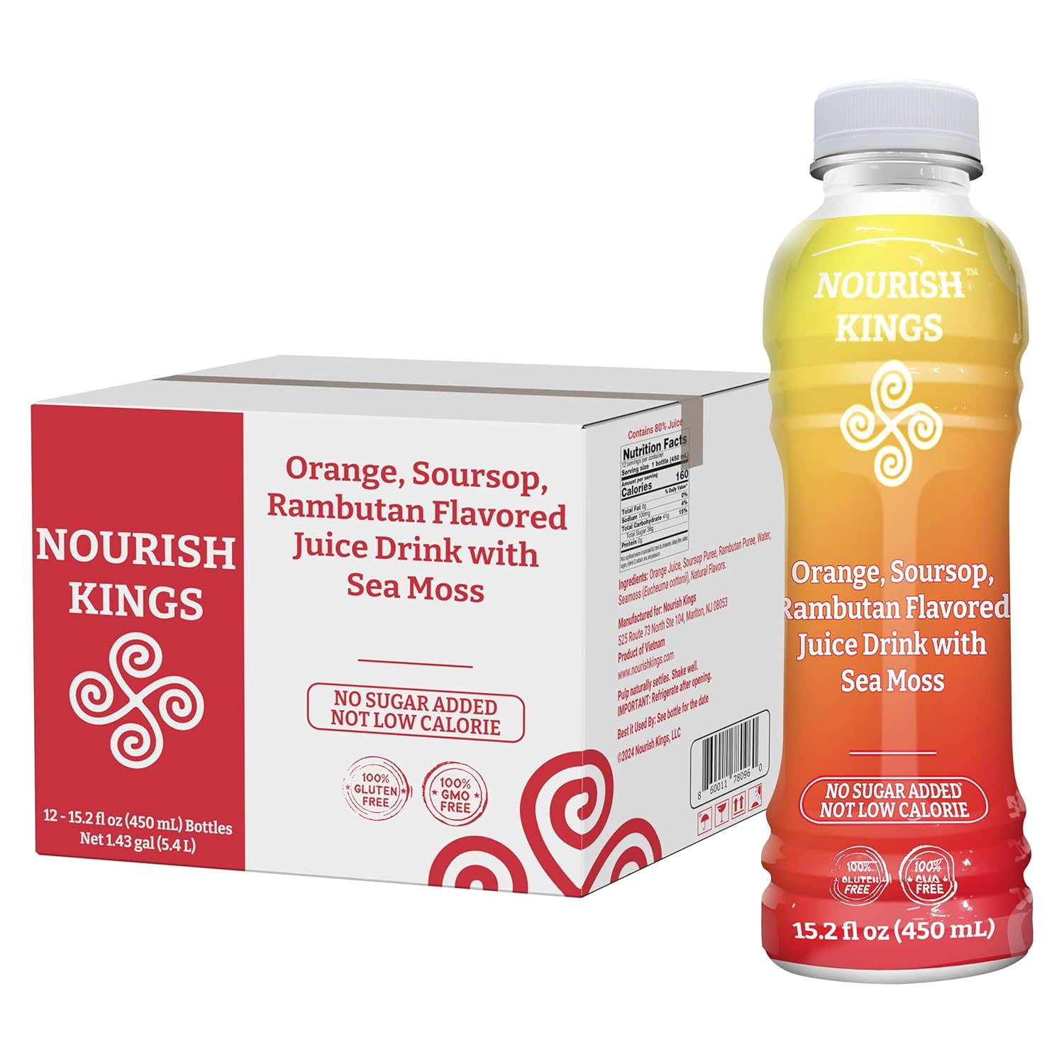 Nourish Kings- Sea Moss drink with Rambutan Soursop & Orange juice, No Added Sugars or Preservatives, 12 pack of 15.2 Fl oz Bottles