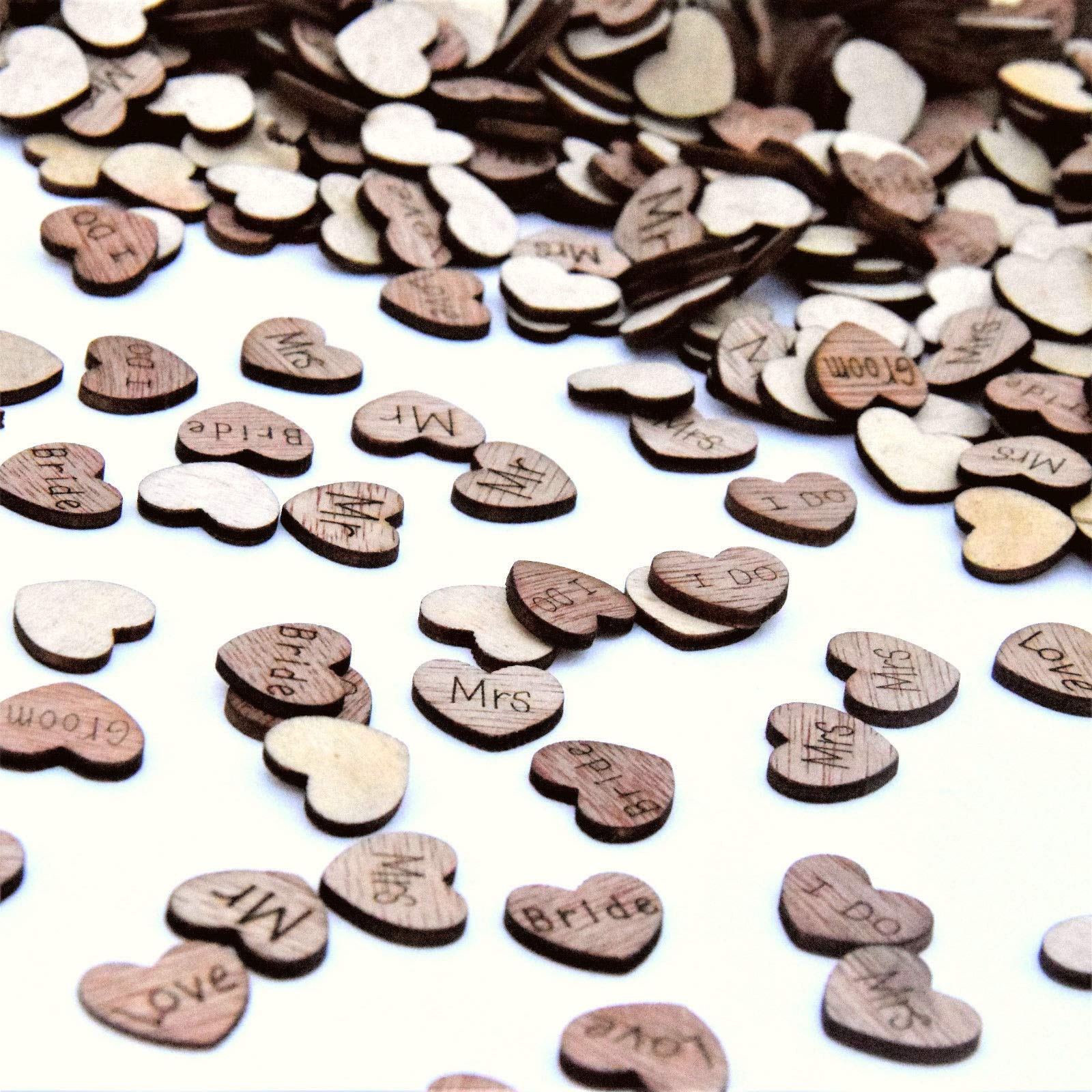 Homezone® 1000Pc Rustic Shabby Chic Wooden Wedding Table Favours Mr & Mrs, Bride & Groom, I Do Love Hearts For Wedding Venue Decor Table Decoration Bridal Wedding Confetti Good Luck Charms (1000)