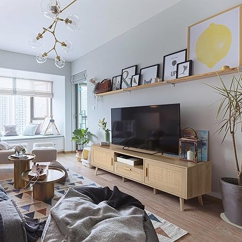 Miniatura 2 de Finnhomy Soporte de TV bohemio de 59 pulgadas para TV de hasta 70 pulgadas, consola de TV con 2 puertas decoradas de ratán hechas a mano, mesa de TV
