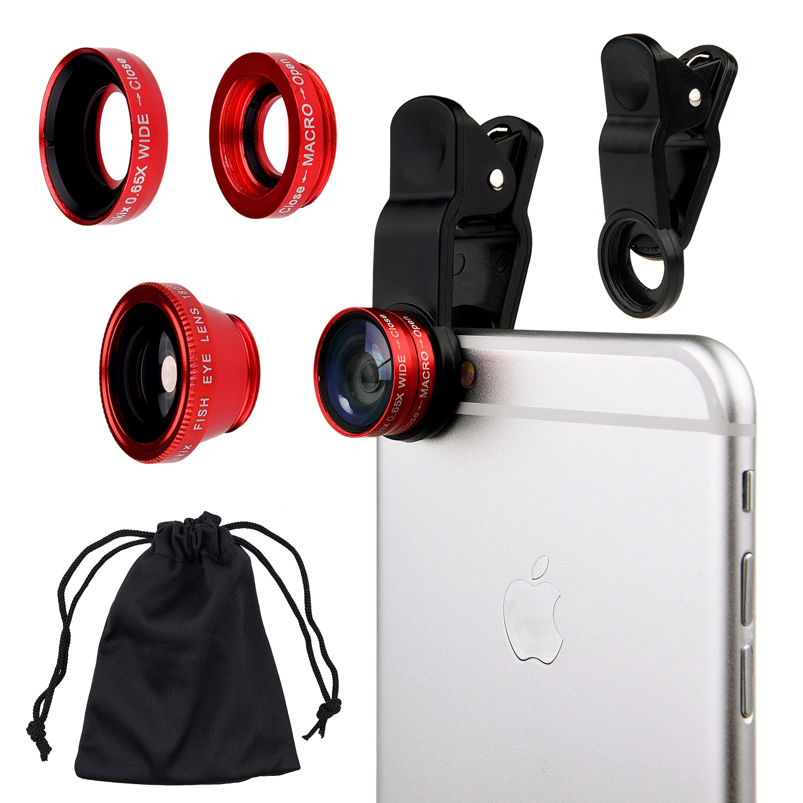 eWINNER 3 in 1 Universal Cell Phone Camera Lens Kit 180° Fish Eye Lens/0.67X Wide Angle Lens/25X Macro Lens/Lens Clip Compatible with iPad iPhone Samsung Android and Most Smartphones (Red)