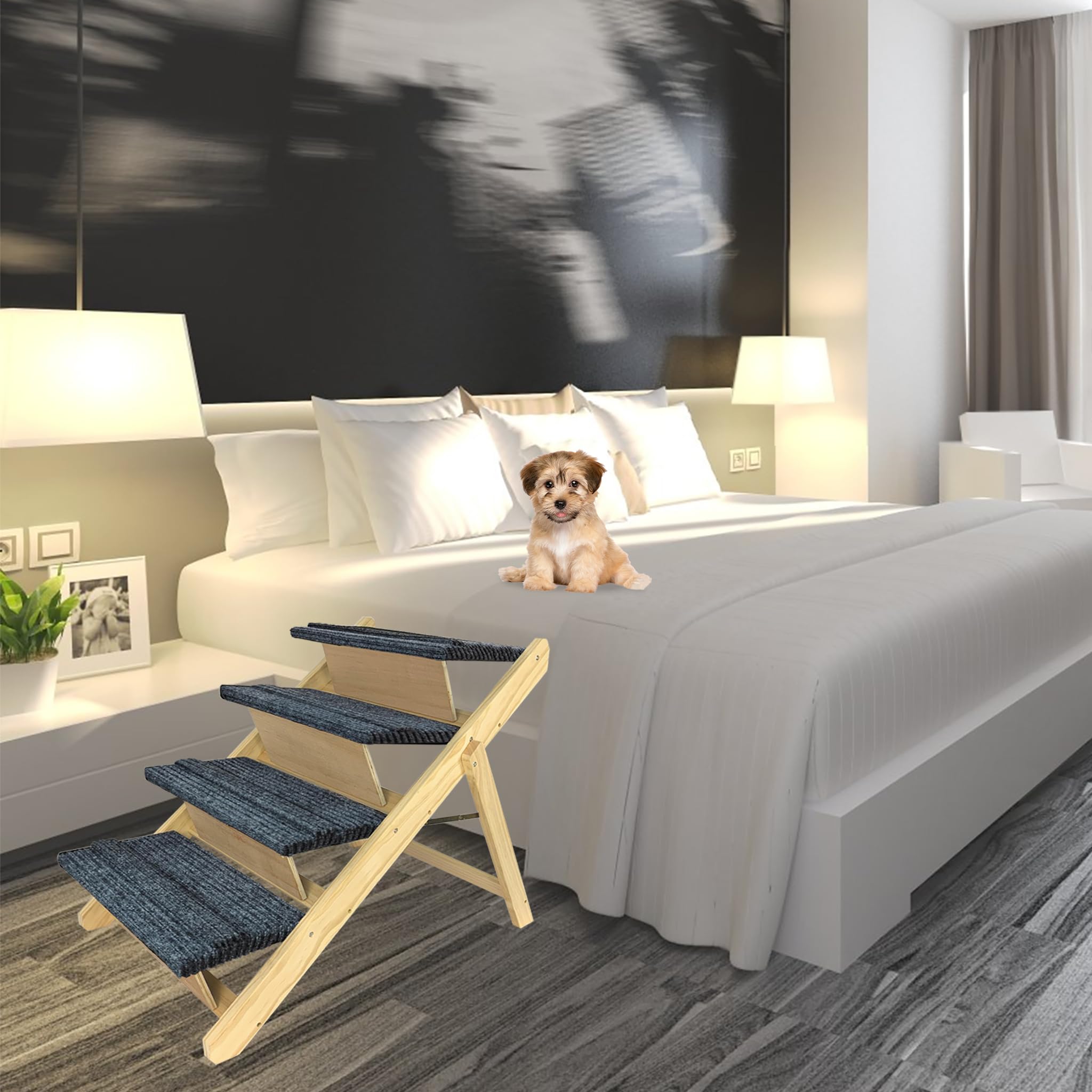 FIVMEN Scaletta per cani 2 in 1 Rampa per cani in legno pieghevole Regolabile in altezza con tappetino antiscivolo Scaletta per animali domestici per letto e divano, 100x47x63cm