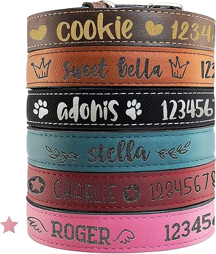 Collar personalizado para perro, collares de identificación de cuero suave personalizados con icono, nombre y número de teléfono, color rosa, diseño