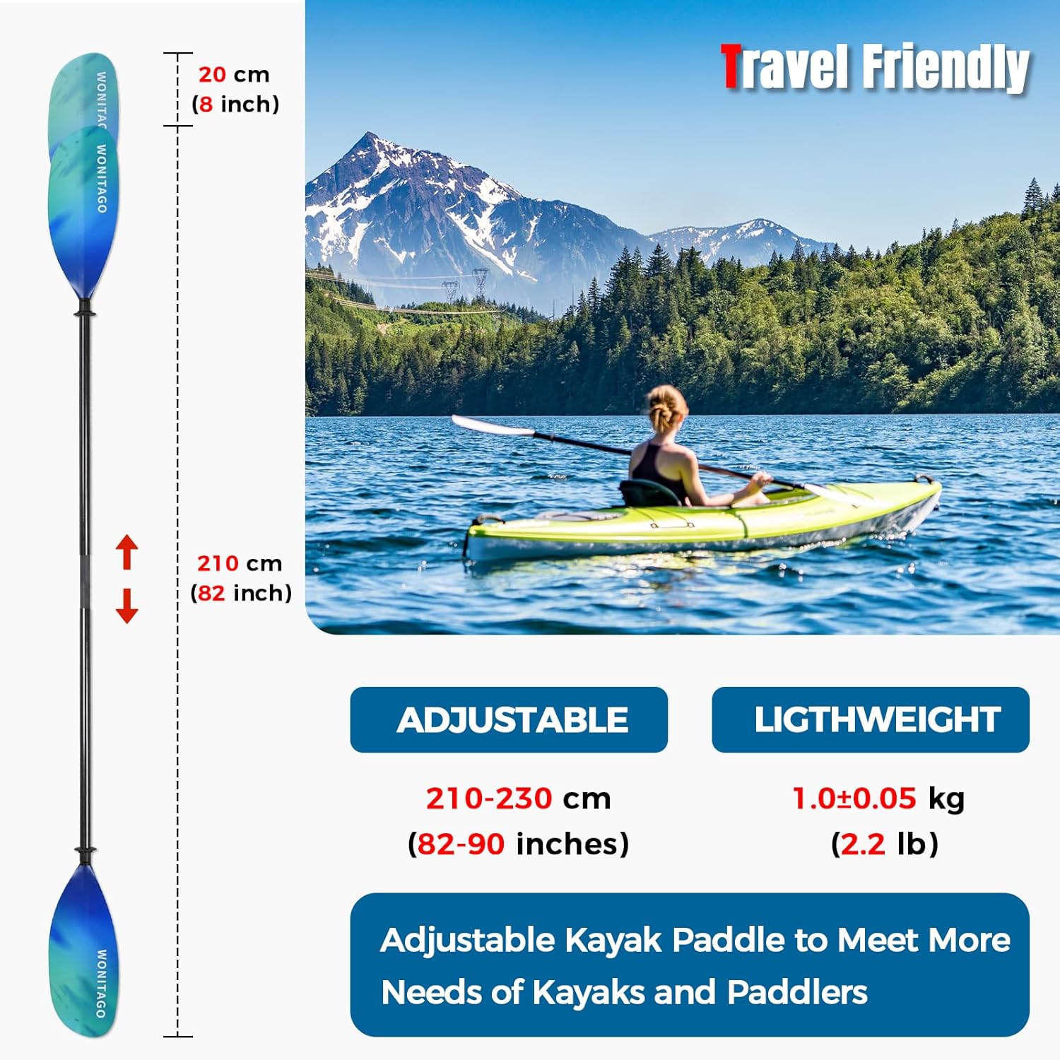 Kayak Paddle Carbon Fiber Shaft and Reinforced Nylon Blade, Adjustable Kayaking Oars, 3 Piece, 230-250 cm/90-98 Inches,210-230 cm/82-90 inches