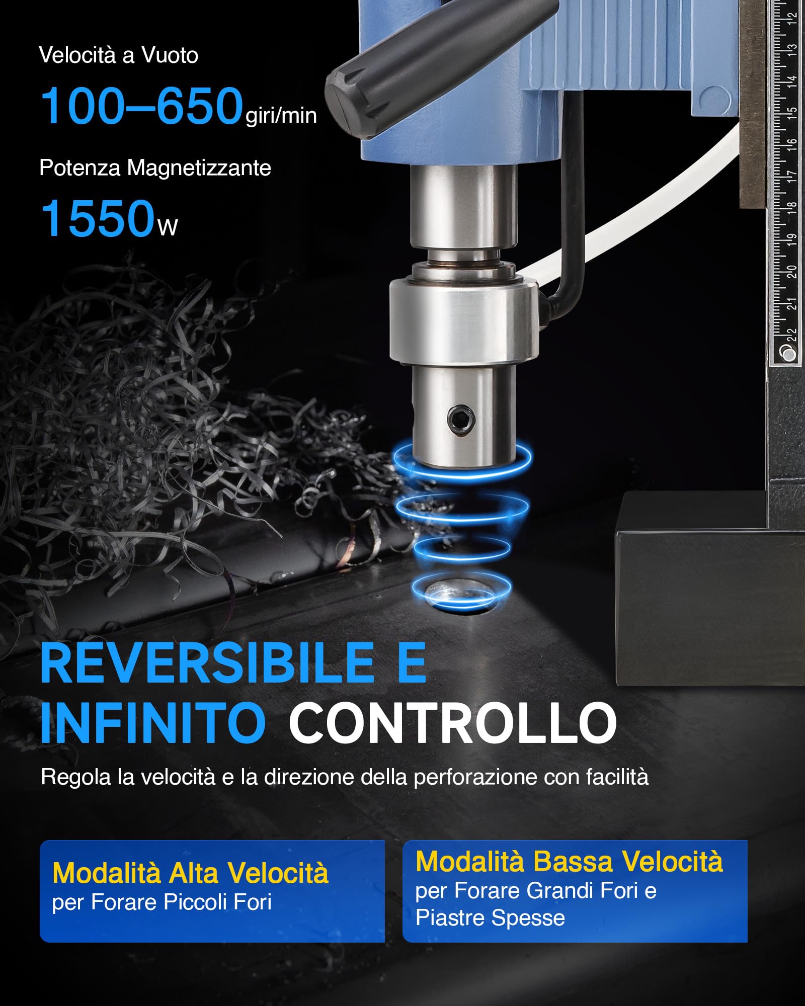 ZELCAN 1950W Trapano Magnetico con 11 Punte 13900N 650 rpm Trapano a Colonna Magnetico a Diametro di 50mm con Controllo Reversibile e Continuo per Superfici Metalliche