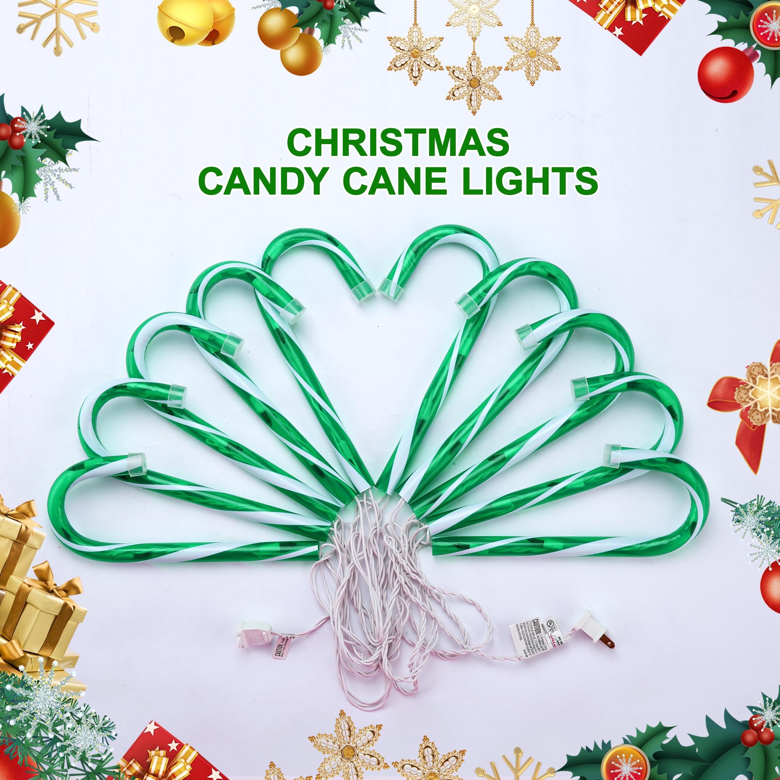 Lot de 10 lumières de Noël en sucre d'orge de Noël de 25,4 cm – Décorations d'extérieur connectables et lumineuses pour fête de Noël, décoration d'intérieur et d'extérieur, vert