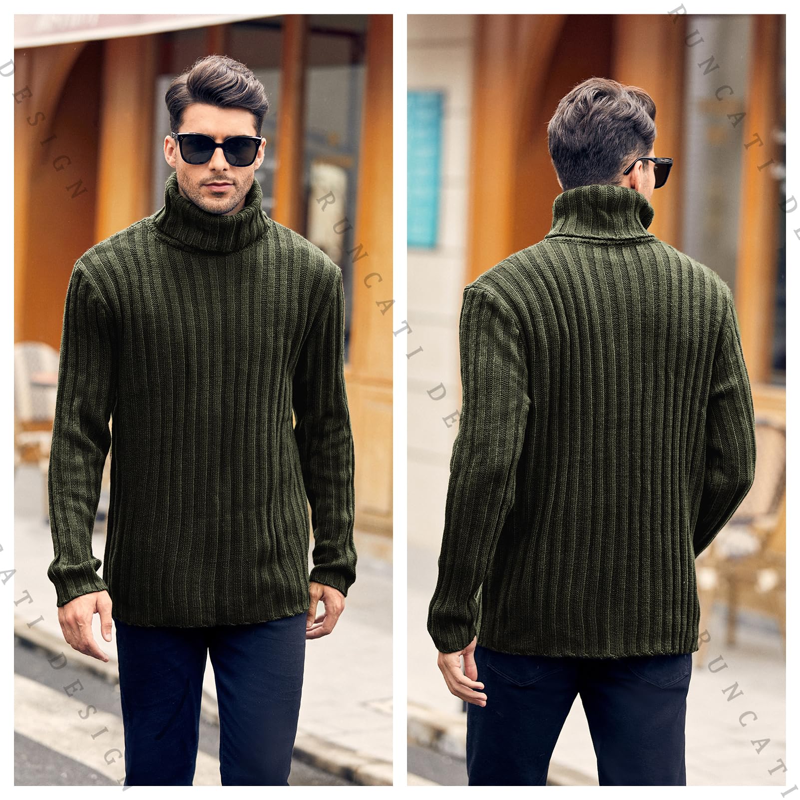 Runcati Jersey de cuello alto para hombre, diseño trenzado, otoño e invierno, punto grueso, monocolor