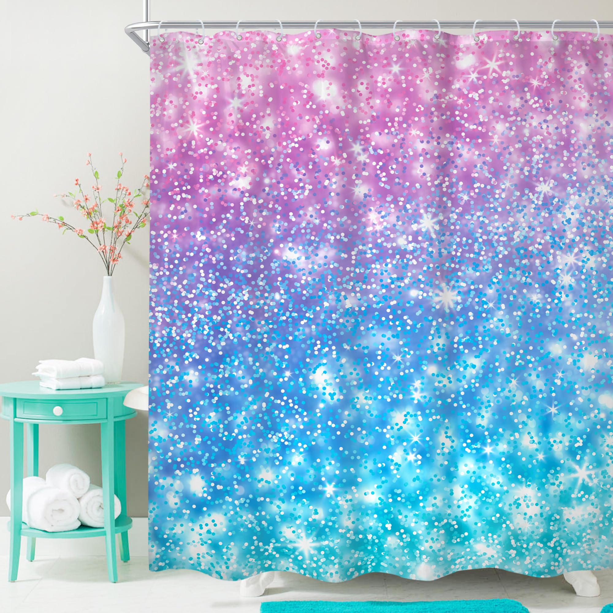 Cinbloo Kids Ombre Teal Shower Curtain 60Wx72H (Not Glitter) Colorful Turquoise Purple Shower Curtain for Girl Women Rainbow Polka Dots Mermaid Not