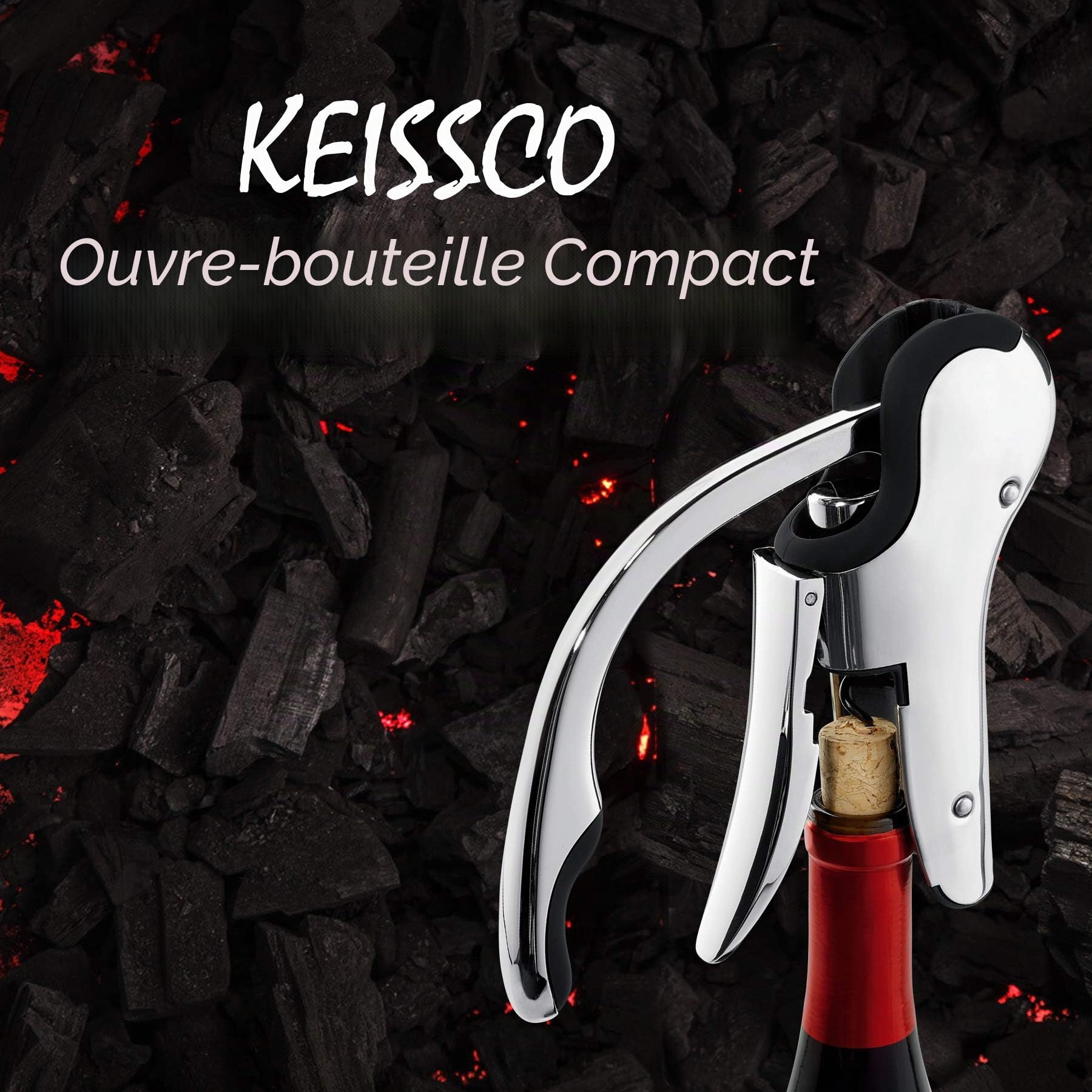 Keissco Tire-bouchon compact à levier vertical en acier inoxydable avec coupe-capsule