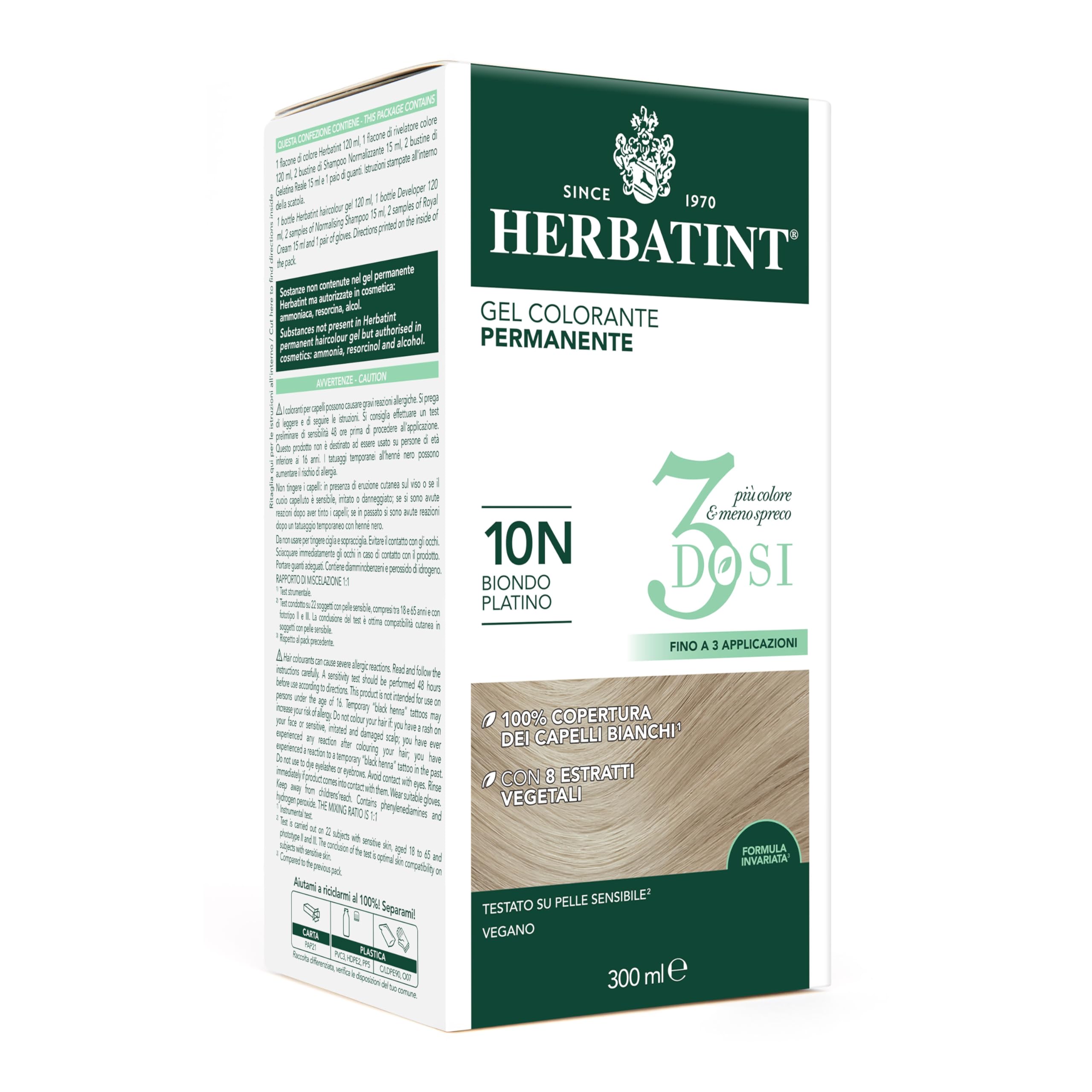 Herbatint Gel Colorant Permanent 3Doses, 300 ml - 10 N Blond Platine, Sans Ammoniaque, pour peaux sensibles, 100% Couverture Cheveux Blancs avec 8 Extraits Naturels Bio