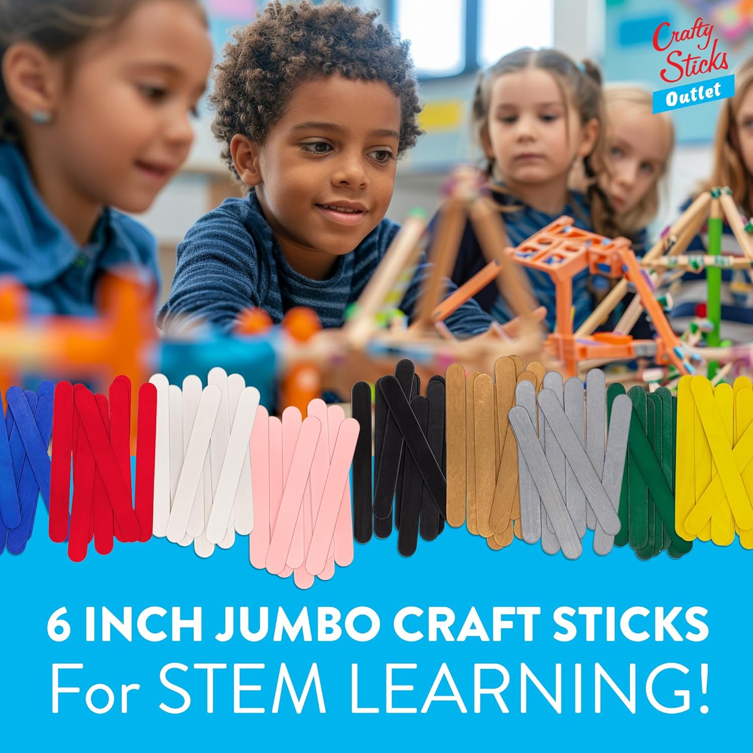 CraftySticks- 600 Pack 6 Inch Yellow Painted Wood Craft Sticks, Jumbo Popsicle Sticks for Crafts, Learning and STEM Basics