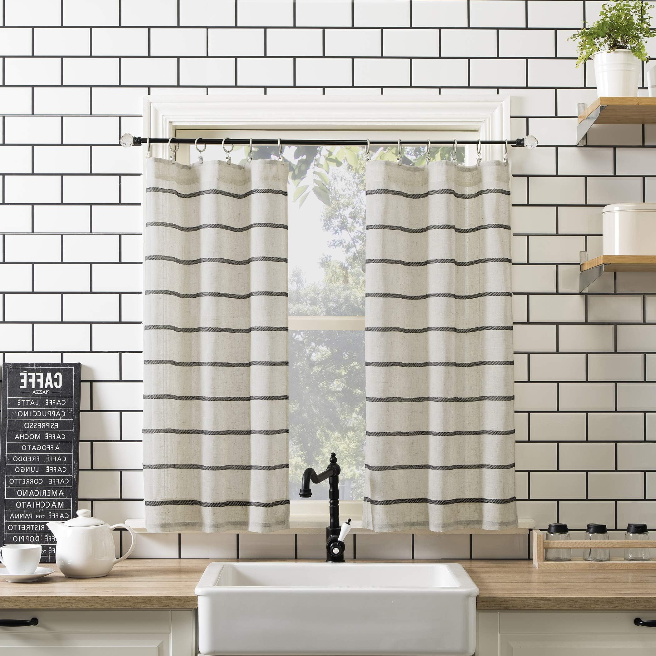 Clean Window Twill Stripe Allergy/Pet Friendly Anti-Dust Sheer Curtain Panel, 52" x 36" Kitchen Tier Pair, Black/Linen