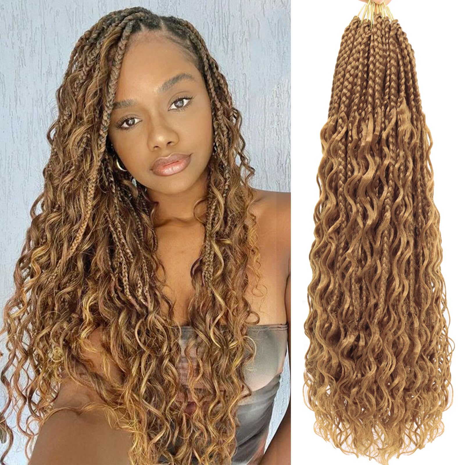 Eeanno Goddess Box Braids Crochet Hair 24 Inch 7 Packs Honey Blonde Boho Hair for Black Women Pre Looped Crochet Box Braids with Curly Ends, 27