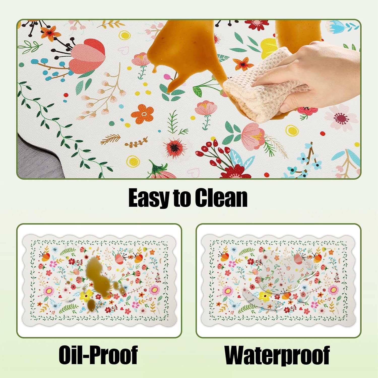 Scalloped Kitchen Mats for Floor 2 Piece, Kitchen Floor Mat Non Slip Washable, Narrow Kitchen Runner Rugs Waterproof Boho Floral Standing Mat Door Mat for Sink Laundry, Hallways, Beige-White