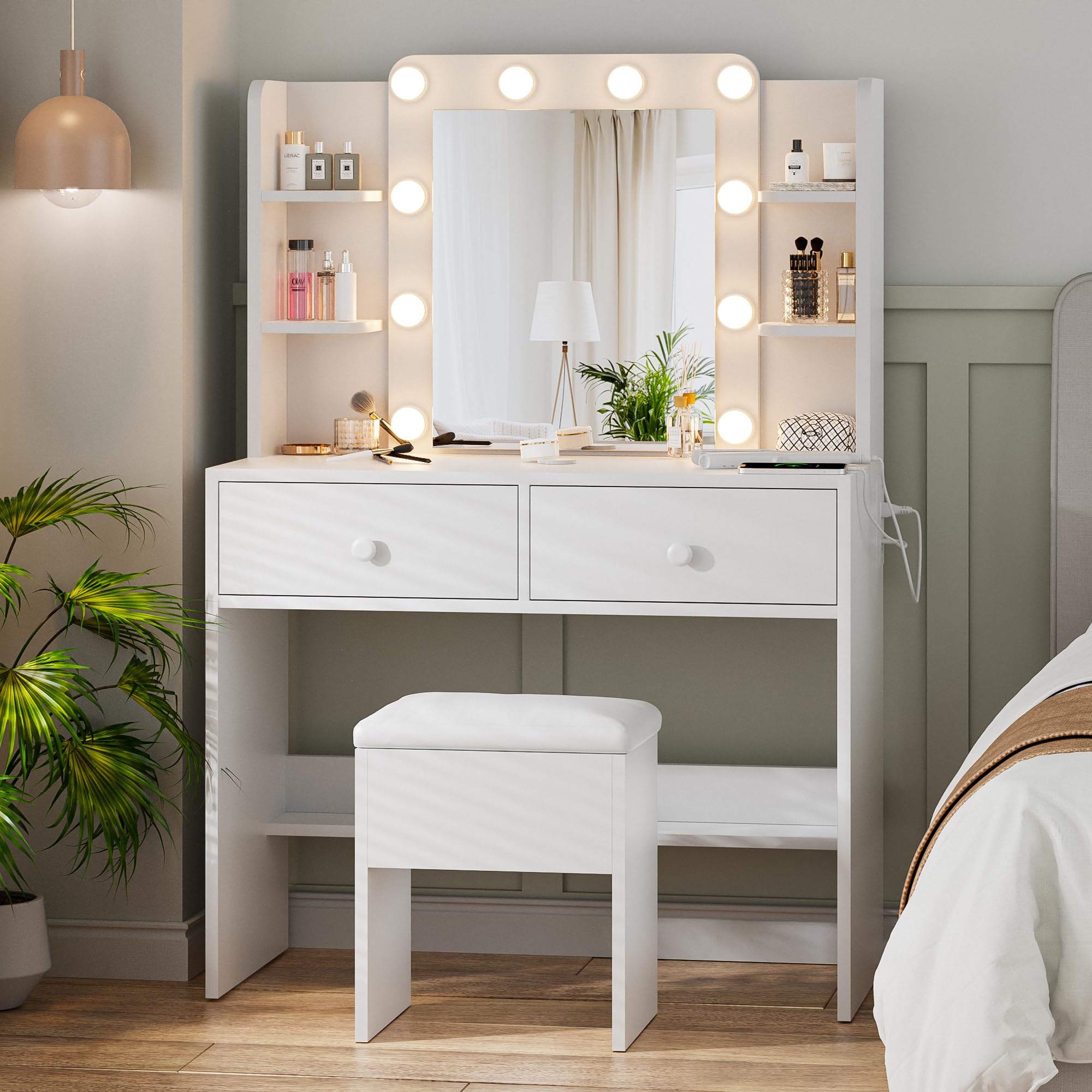 Haewon Makeup Vanity Desk with Lighted Mirror and Chair Set