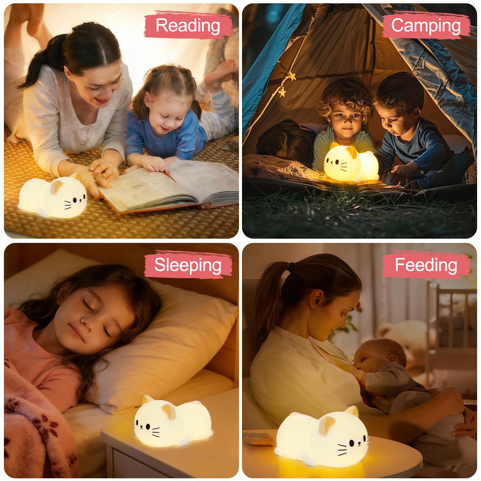 Katzen-Nachtlicht und Lampe für Baby-Kinderzimmer – weich liegendes Kätzchen-Nachtlicht, dimmbar und 7 RGB-Farben, umschaltbarer Tier-Sound, wiederaufladbar, BPA-frei, gut als Raumdekoration