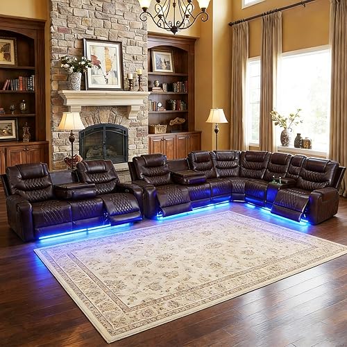 Miniatura 41 de Juego de sofá modular reclinable eléctrico para sala de estar, juego de sofá reclinable de cuero con luces LED / almacenamiento oculto, sofá en