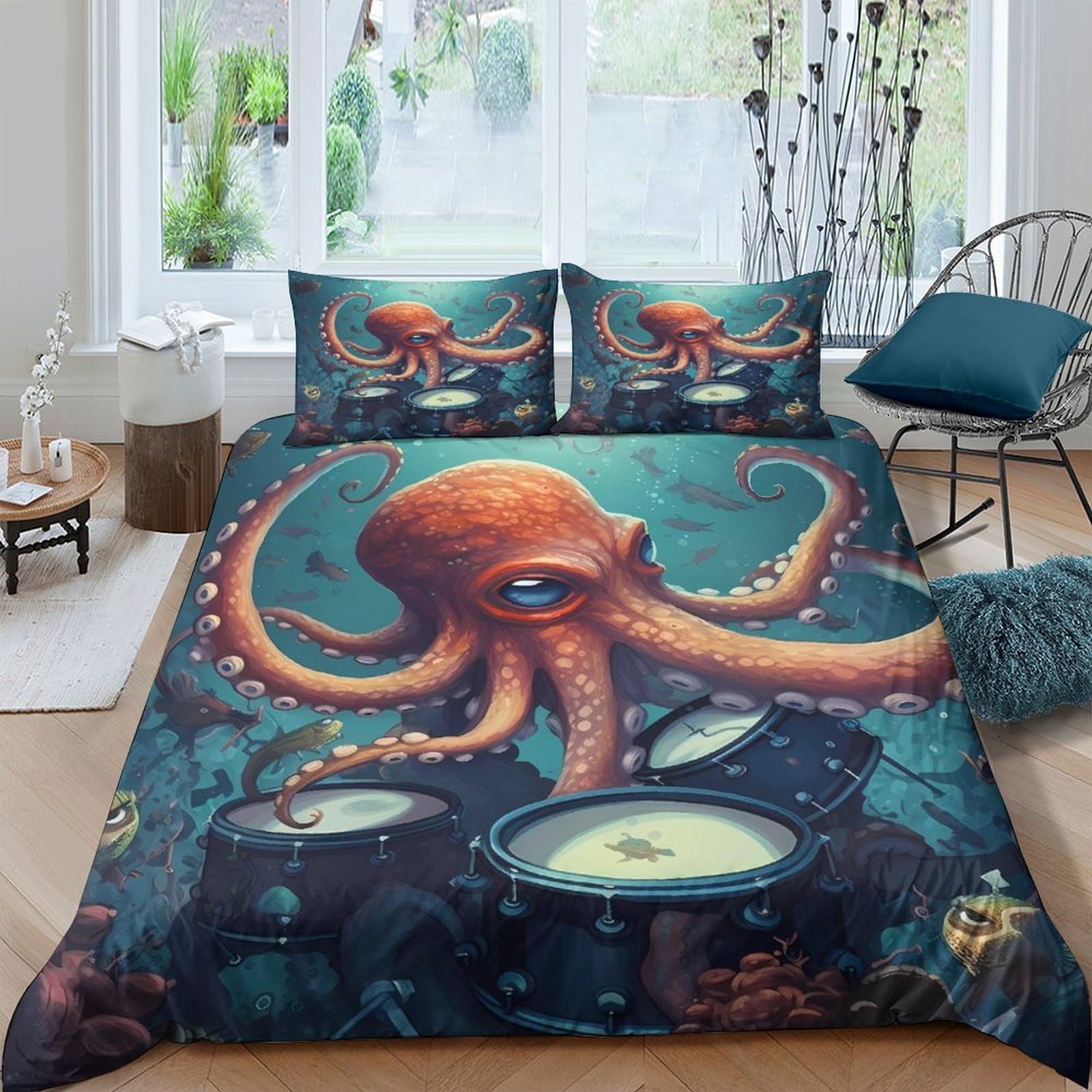 Ctjqhvkz Style-1 3D Printed Octopus Ocean Fitted Sheet Microfiber Soft Breathable Underwater Mattress Cover Bedroom Decor Single（135X200cm）