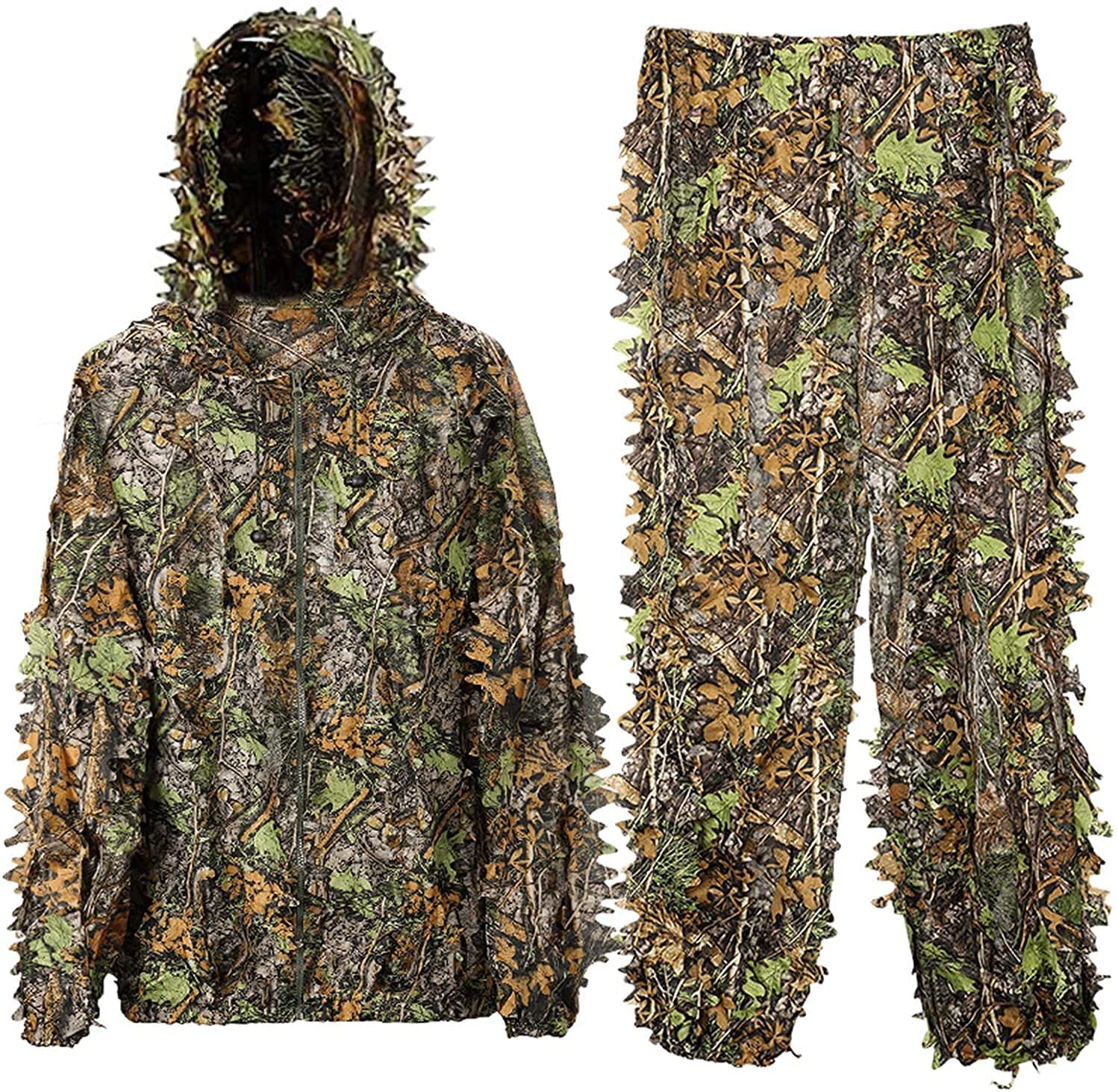 Monfasye Ghillie Suit, 3D Leafy Camo Hunting Suits Breathable Woodland Gillies Costume Jungle Clothing (XL/XXL)