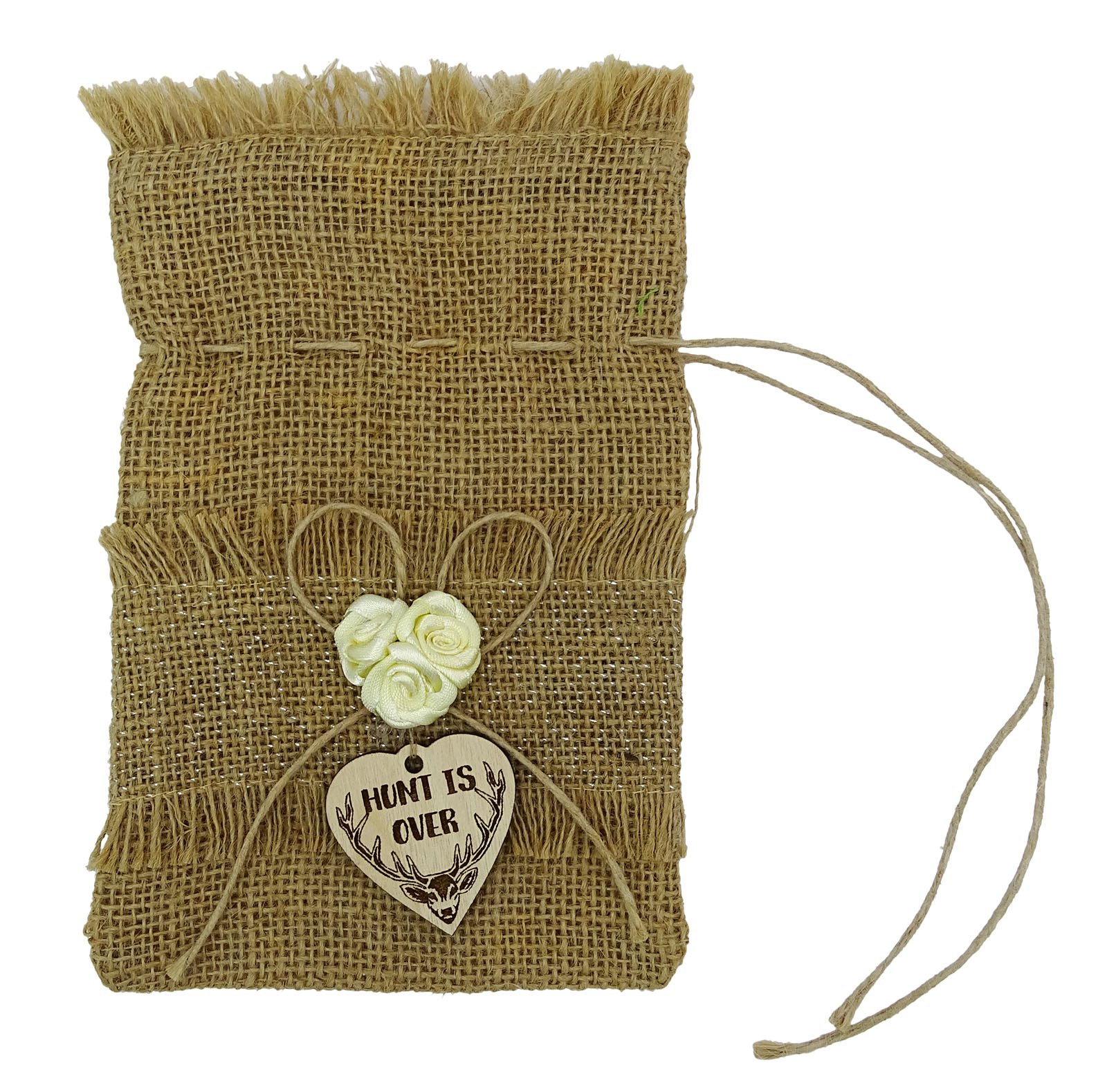 Boda rústica con cordón de yute bolsa de caza ha terminado Charm Pequeño yute Favor Bolsa + rótulos de 4 x 6,5 pulgadas