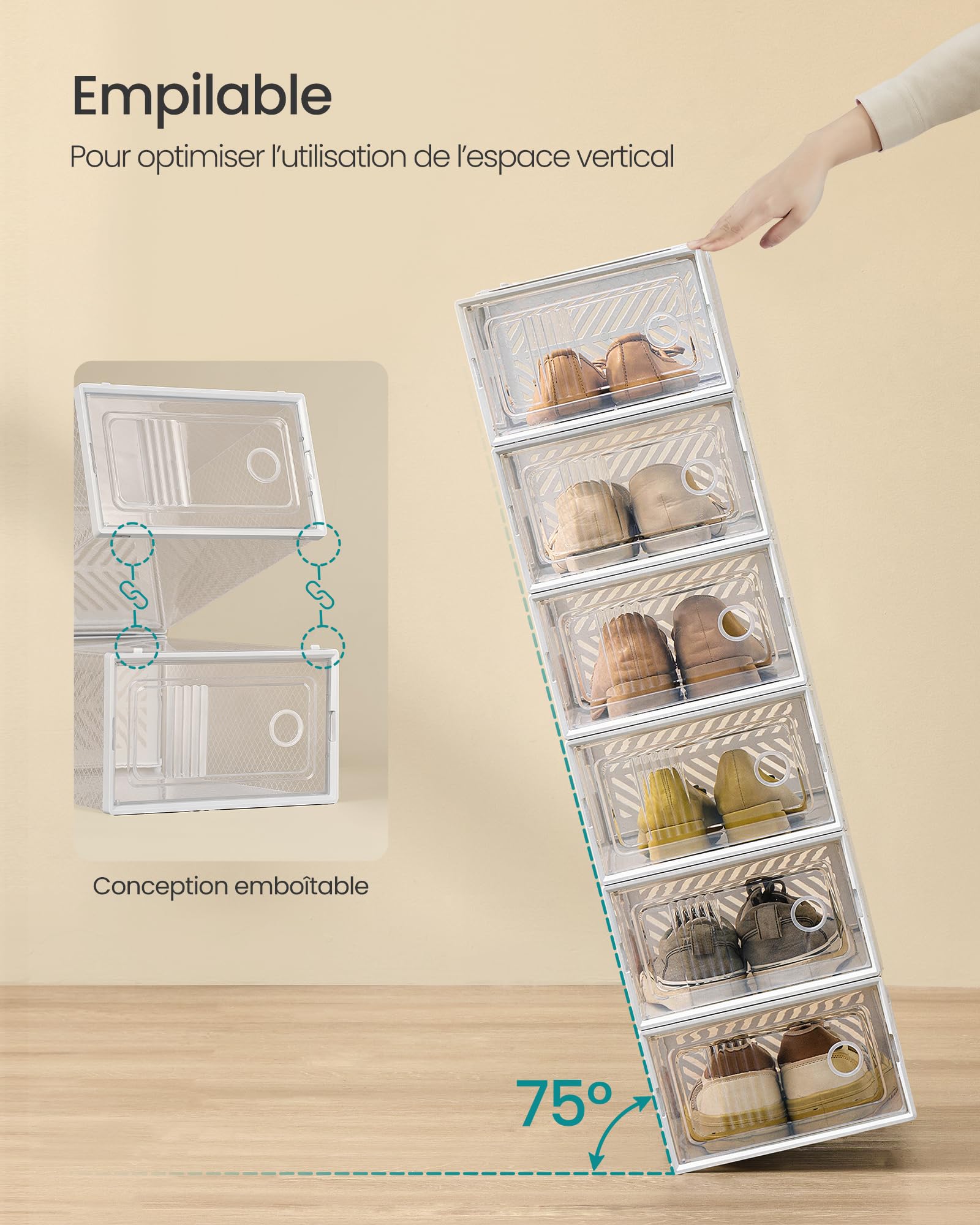SONGMICS Boîte à Chaussures Transparent, Lot de 12, Boîte de Rangement, Pointure 43, Empilables, Robuste, pour Collections de Baskets, Talons Hauts, Transparent et Blanc LSP106W12V2