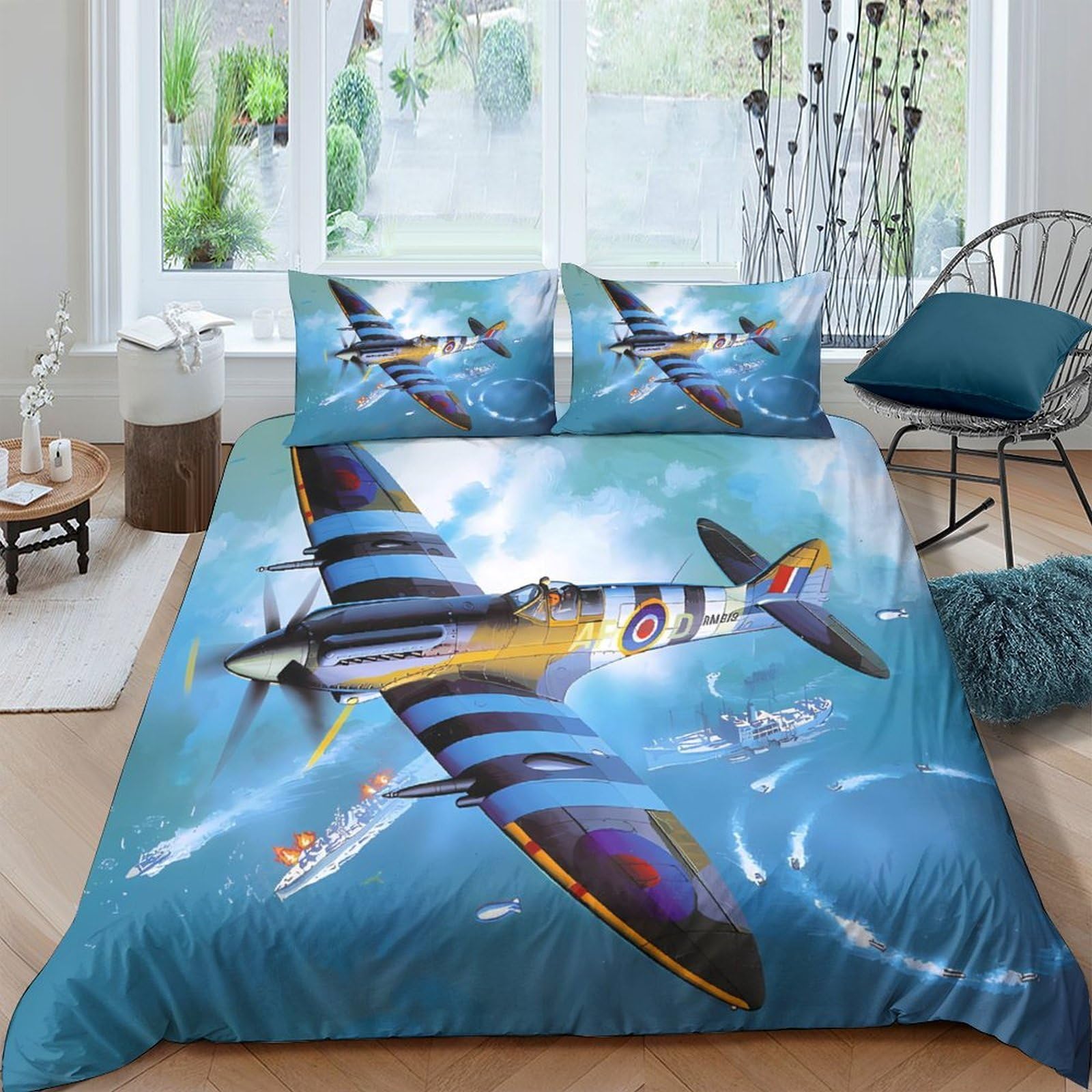 Ctjqhvkz Style-9 3D Printed Fighter Aircraft Fitted Sheet Microfiber Soft Breathable Vintage Plane Bed Sheet For Bedroom Guest Room Decor Single（135X200cm）